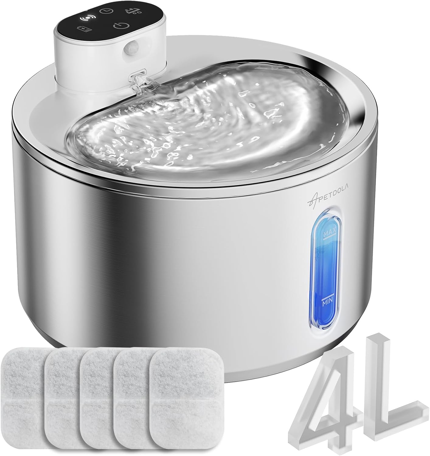 Apetdola FS40Pro katzenbrunnen mit Akku 5000 mAh, 135fl-oz/4L katzenbrunnen Edelstahl mit Geräuschreduzierung und Bewegungssensor, für Katzen oder Hunde