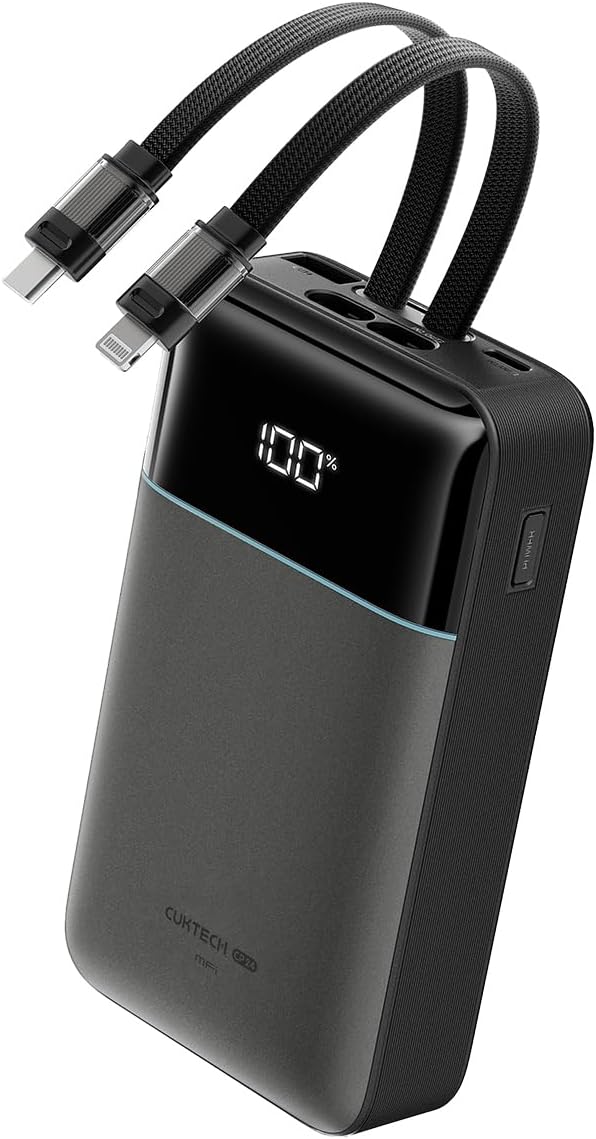 CUKTECH Power Bank 20000mAh 40W Tragbares Ladegerät mit Integriertem USB-C und MFi-zertifiziertem Lightning-Kabel, Akkupack für iPhone 16/15 Plus Pro MAX, Galaxy S24/S23 Ultra, Xiaomi, iPad