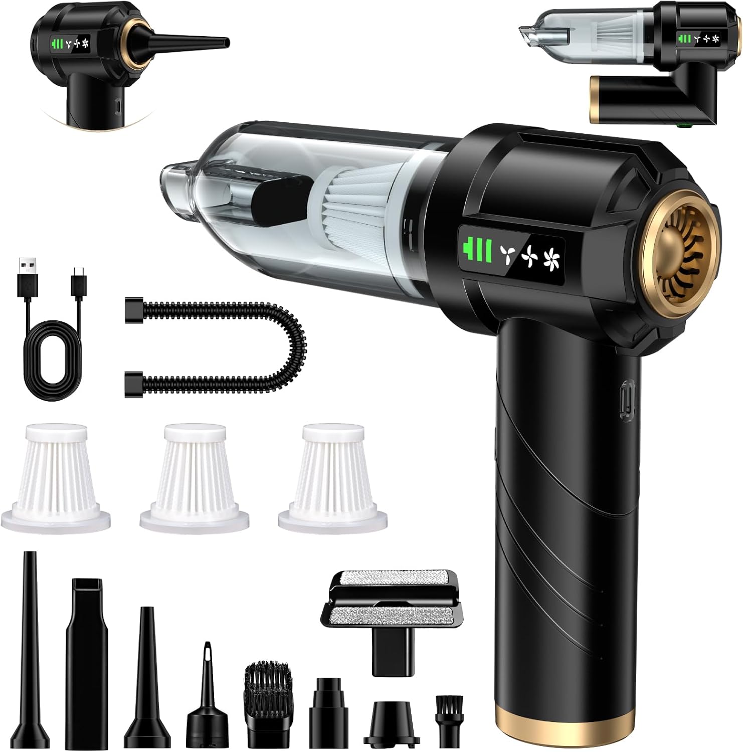 Handstaubsauger Akku 4-in-1, 28000PA Auto Staubsauger Stark mit Bürstenloser Motor, Handstaubsauger Kabellos, 3-Gang 250000 U/min Autostaubsauger für Auto, Küche, Haus & Tierhaar Reinigung