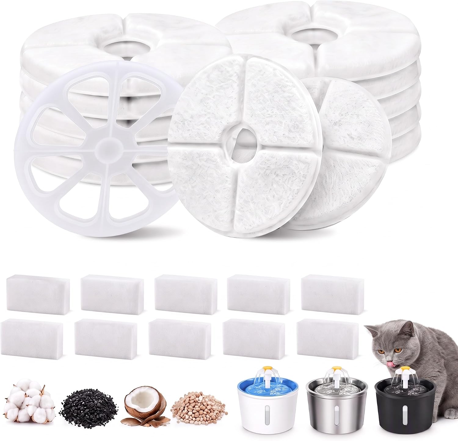 Katzenbrunnen Ersatzfilter-Set 12 Stück Kompatibel mit FEELNEEDY 3.5L FN-W08L / W08 Katzenbrunnen Katzen, 12 Filter + 12 Pumpenschwämme, mit Aktivkohle und Lonenaustauscherharz, Langanhaltende Frische