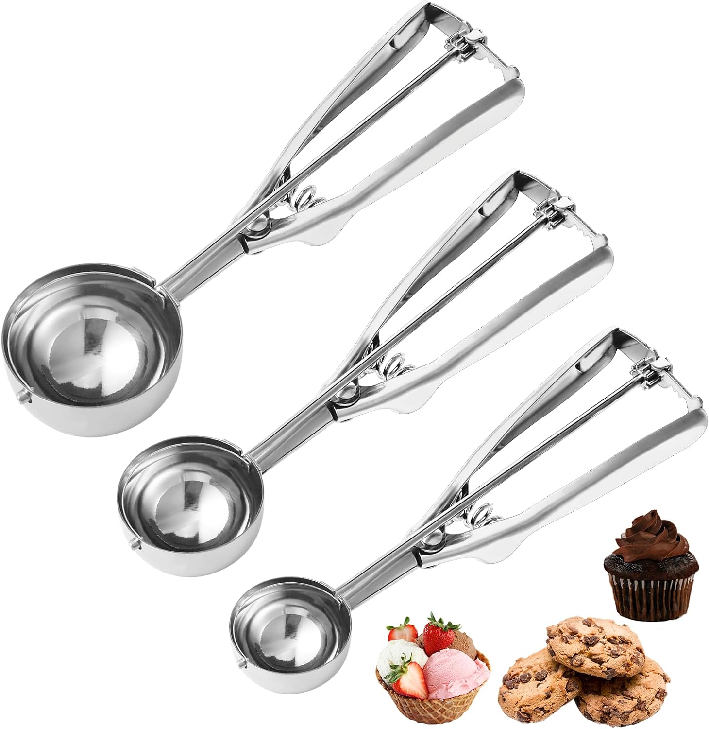 Keksportionierer Set, 3 Stück Eisportionierer Edelstahl (1 EL, 2 EL, 3 EL), Eislöffel Portionierer mit Auslöser für Cupcakes, Eiscreme, Muffins, Fleischbällchen, Melonenkugeln