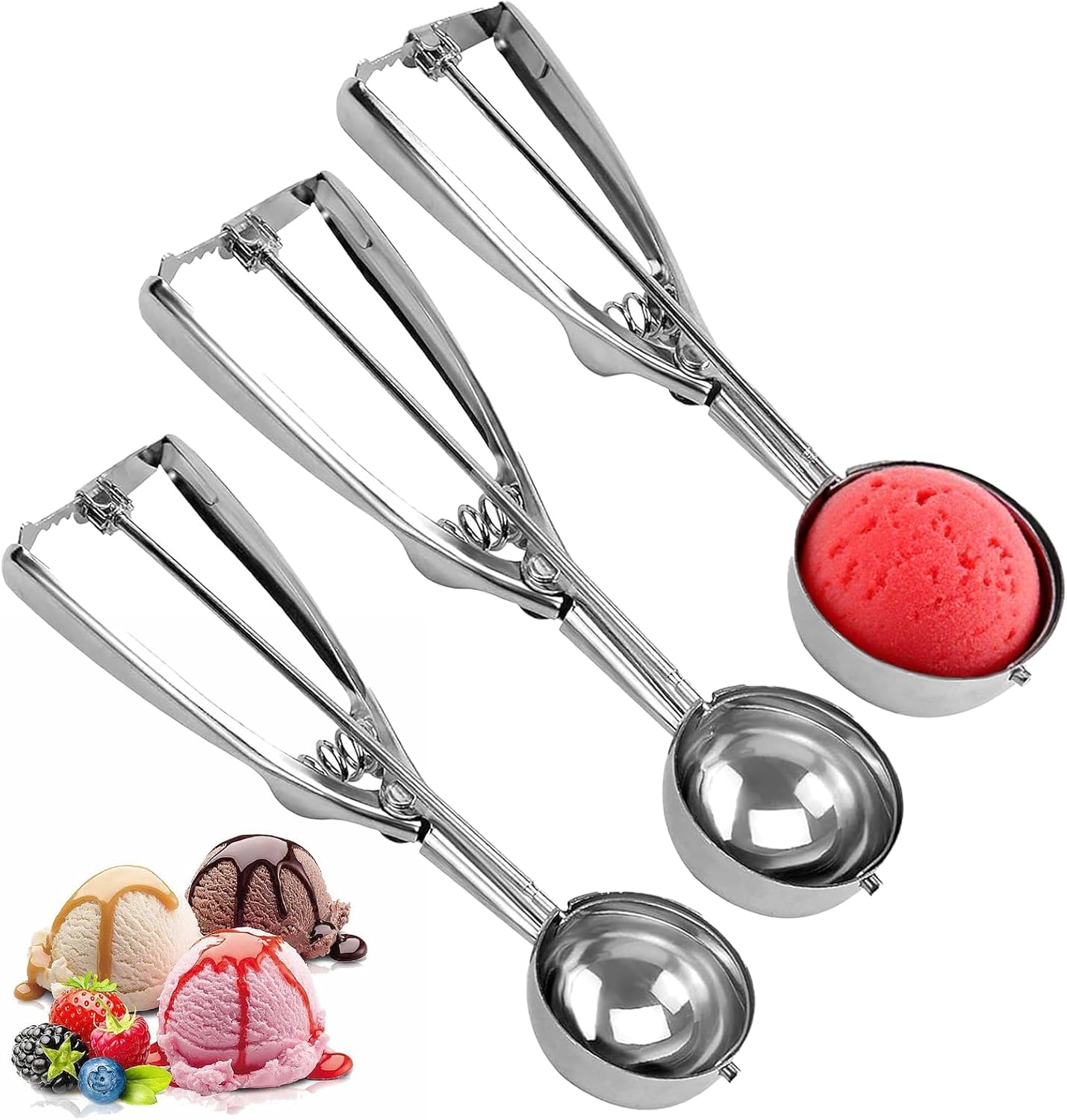 Eisportionierer Edelstahl Set, 3-teiliger Kugelausstecher für Eis, Melonenbällchen, Fleischbällchen, 3 Größen (4/5/6 cm), Spülmaschinengeeignet.