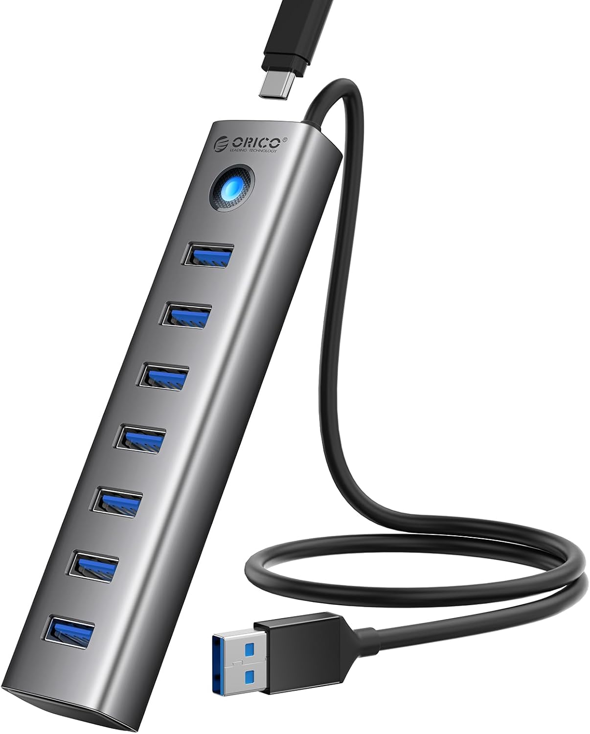 ORICO 7-Port USB 3.0 Hub, Aluminium Multiport Adapter Mit 100CM Kabel, 5Gbps Datenübertragung, 5V 3A Type-C Port, Splitter Für PC, Laptop, MacBook, PS4, Surface Pro, Mobile HDD