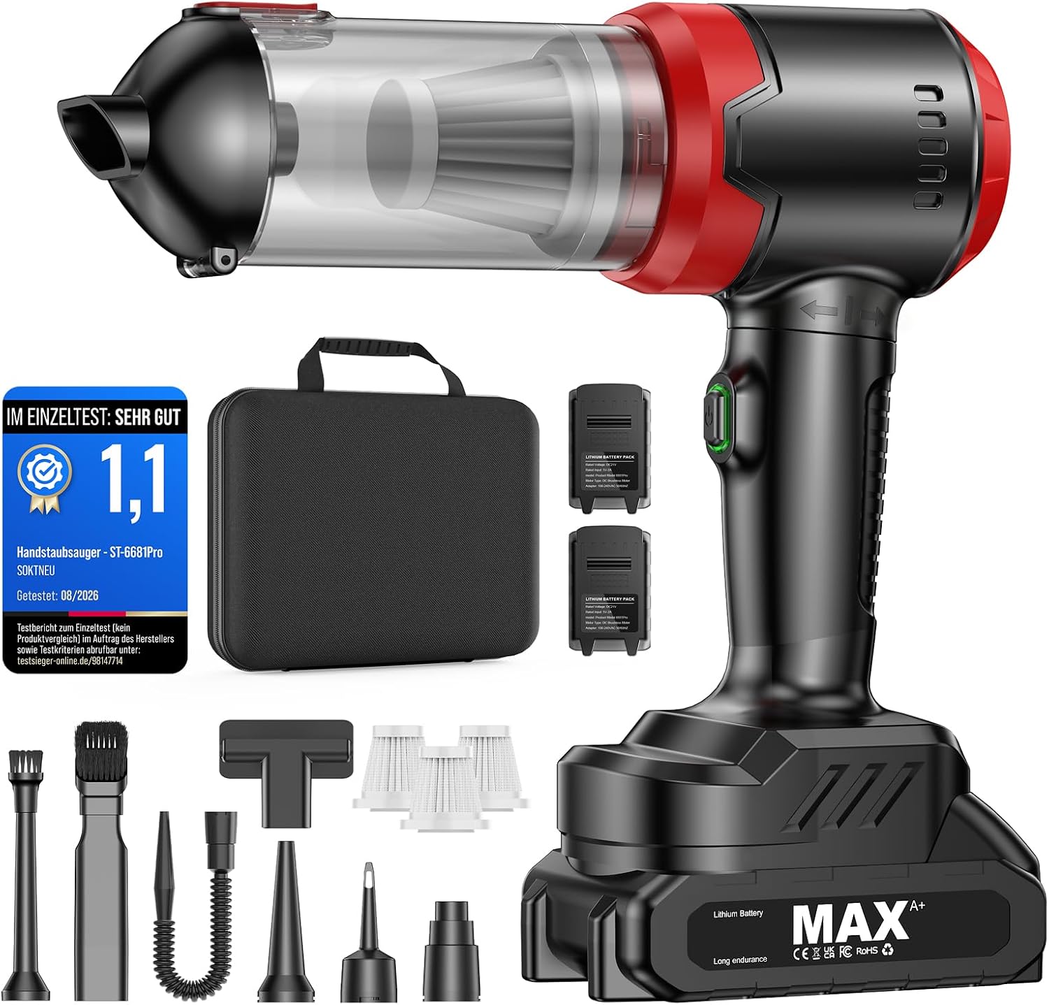 Handstaubsauger Akku, 28000Pa 4-in-1 Testsieger Autostaubsauger Kabellos