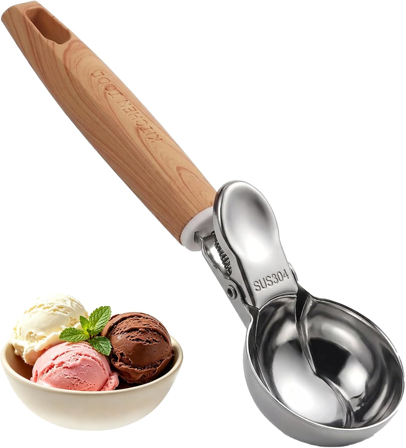 Eisportionierer Edelstahl mit Auswerfer, Eislöffel Portionierer Antihaft Oberfläche, Holzmaserung Griff Eiskugelportionierer, Ice Cream Scoop für Eiskugeln, Reis, Melonenkugeln, Keksteig