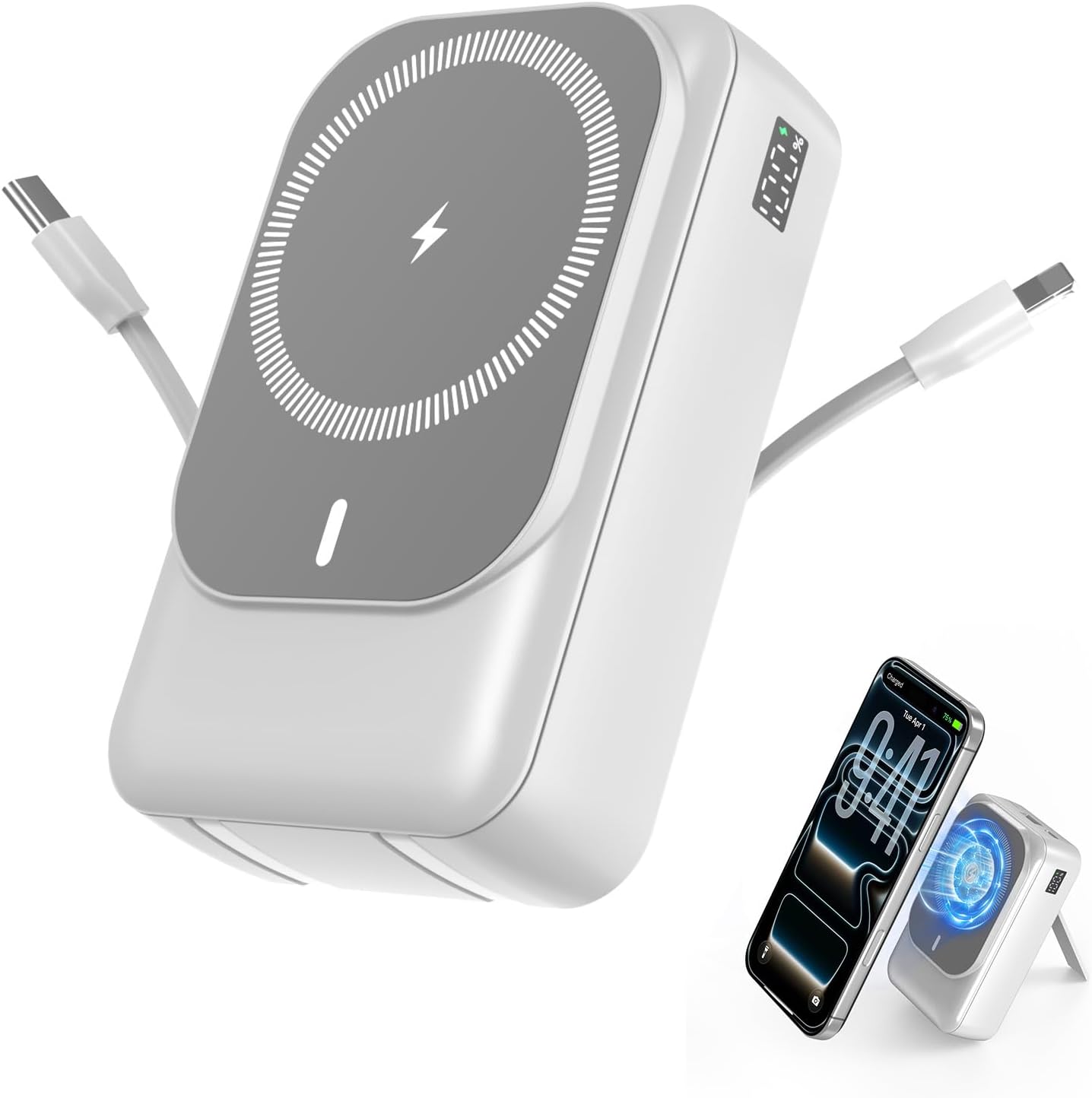 Magnetische Wireless Powerbank 26800mAh, Power Bank für Magsafe mit Eingebauten Kabeln, 5 Ausgänge PD 22,5W Schnellladen Kompatibel mit iPhone 18/17Air/16/15/14/13/12 Plus/Mini/Pro/Pro Max-Schwarz