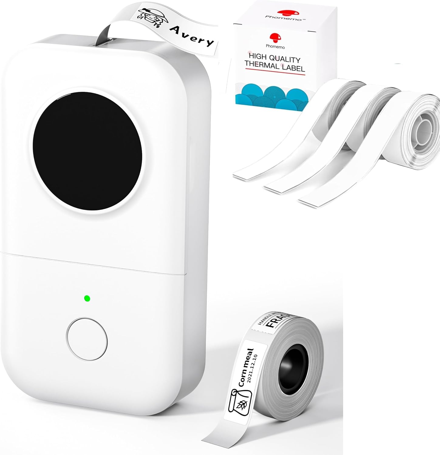 Phomemo D30 Etikettendrucker, Bluetooth Etikettiergerät für Büro, Schule, Zuhause, Küche, mit 3 Rollen Endlosetikettenpapier (15mm × 6m) und 1 Rolle weißen Etiketten(12mm × 40mm)