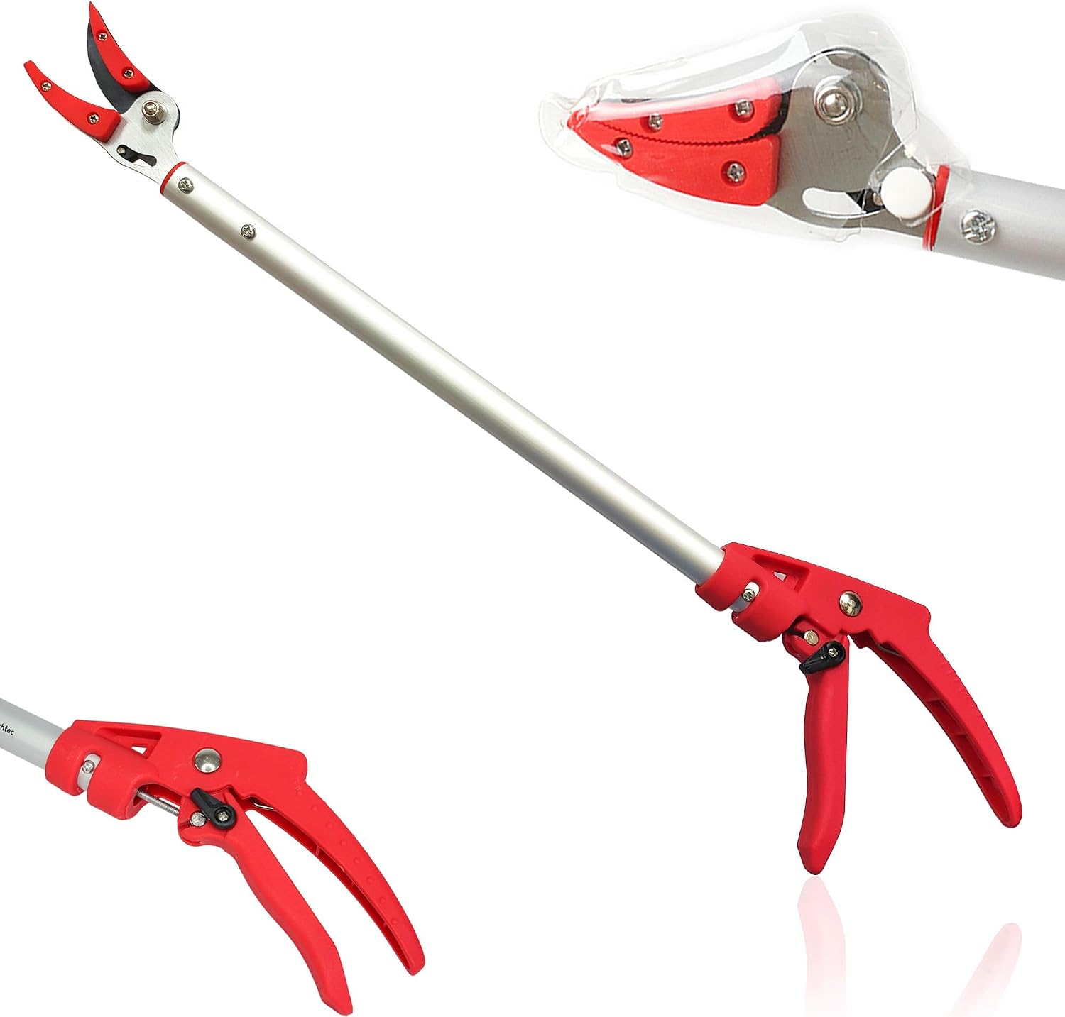 FISHTEC Gartenschere Langer Stiel mit Halteklammer aus Aluminium - Teflonbeschichtung - Manuelle Gartenschere - Griffamboss - Mit Sicherheitsverriegelung - Länge 64 cm - Farbe rot