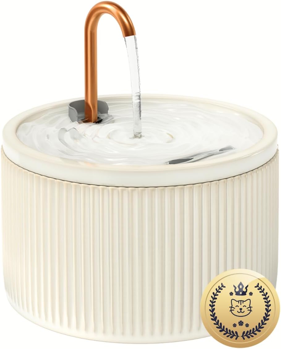 Keramik Katzenbrunnen 2.1L mit Kupferrohr, Trinkbrunnen für Katzen, Flüsterleiser Wasserspender für Haustiere, Doppelfiltersystem, Pflegeleicht & Hygienisch, Elegantes Reliefdesign, Beige