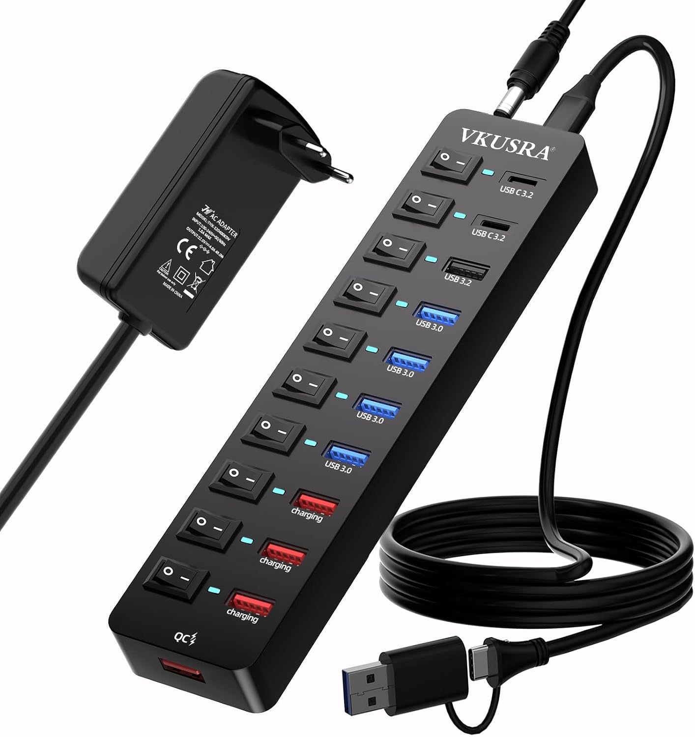 USB 3.2 Hub 11-Port USB C Hub mit 12V/4A Netzteil