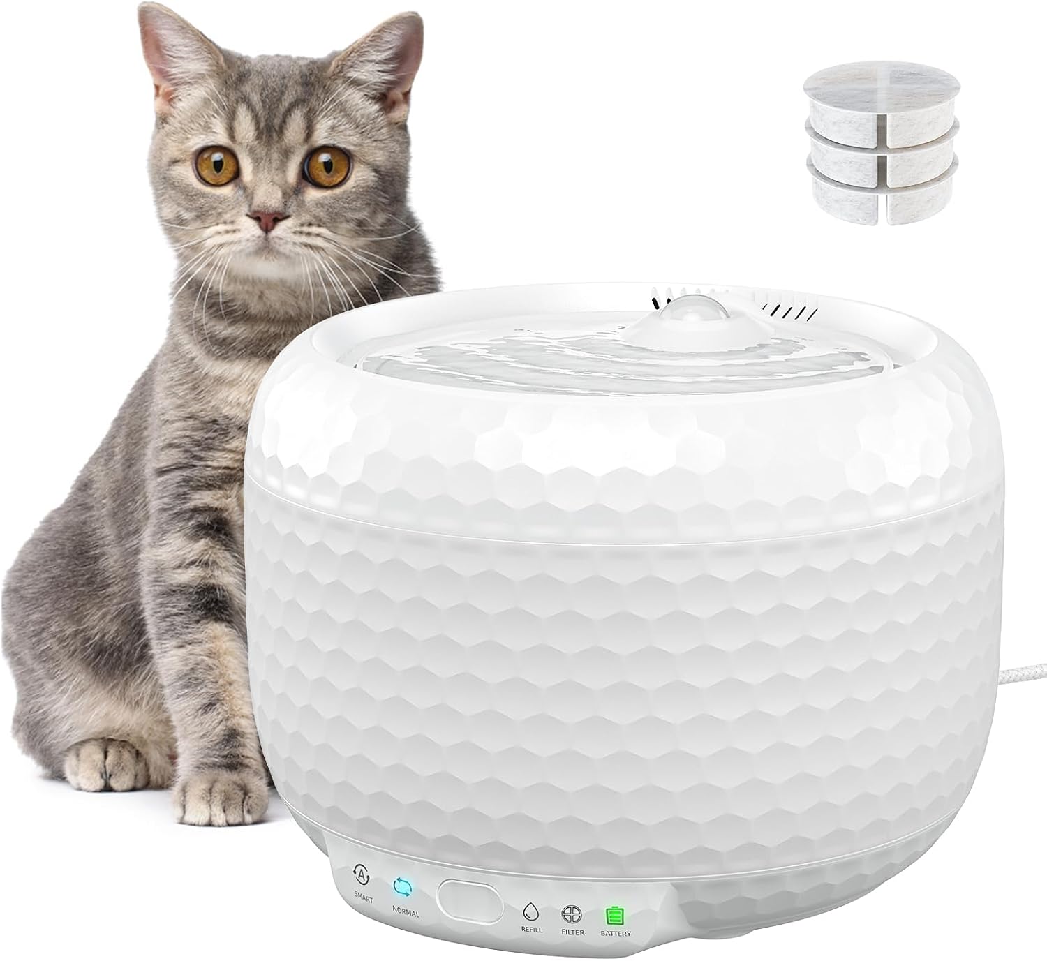 Trinkbrunnen für Katze - Red Dot Award 2025 Gewinner, 62oz/1,8L Auto Trinkbrunnen für Haustiere mit Ultra-Leiser Pumpe, Katzentränke mit Zwei Flussmodi, Inklusive 3 Filtern (Weiß, ABS)