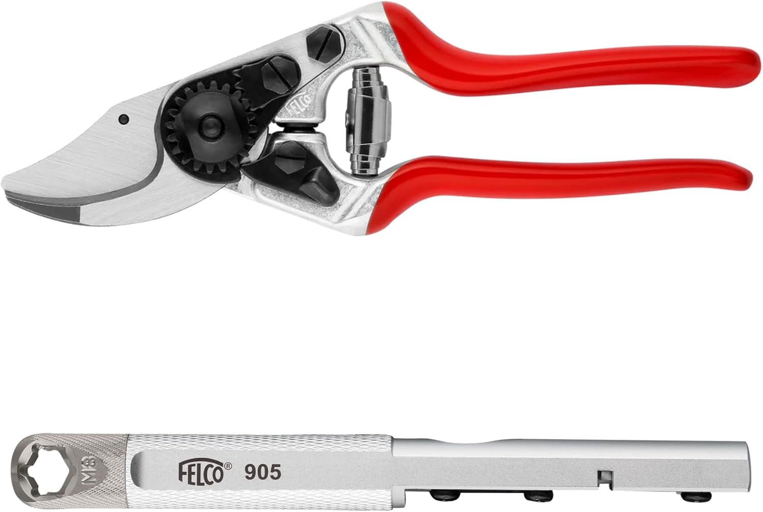 FELCO 2-teilig: Kompakte Bypass-Gartenschere 14 + Multifunktions-Schärfer 905, Rechtshänder, Kleine Hand, 18mm, Abgewinkelter Kopf