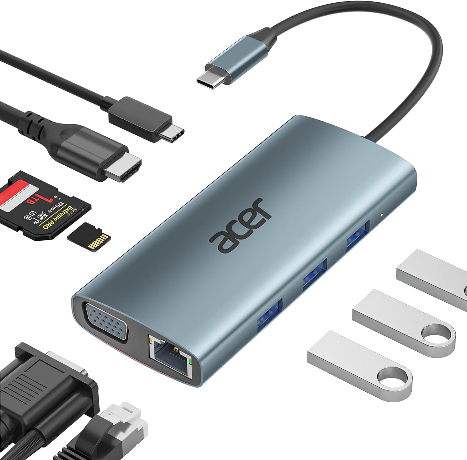 Acer USB C Hub Docking Station 9IN1, 4K HDMI, 1Gbps LAN, VGA, 3xUSB-A 5Gbps