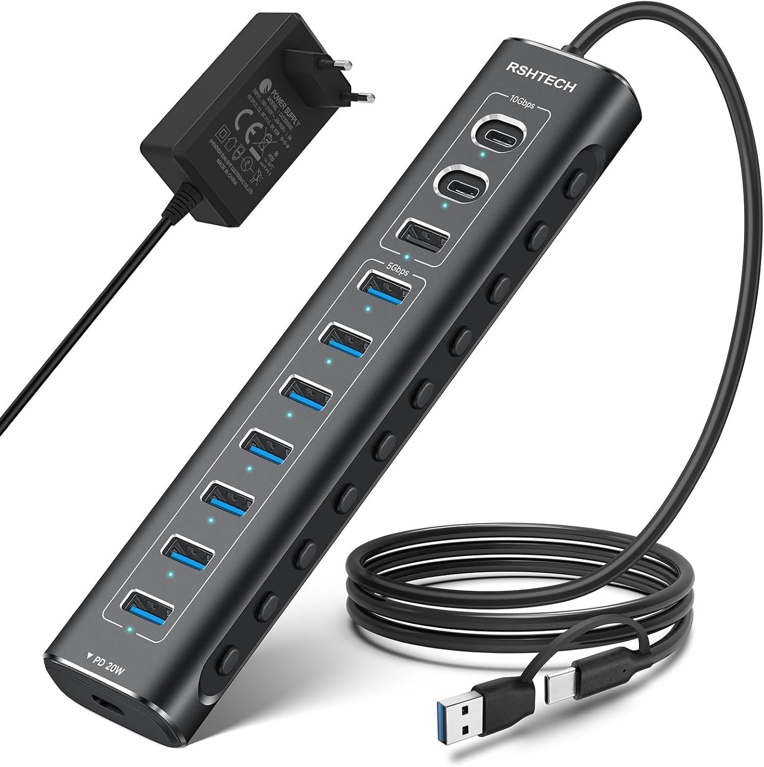 RSHTECH 11-Port USB C 3.0/3.2 Hub Aktiv mit 60W Netzteil(12/5A), RSH-A11PD