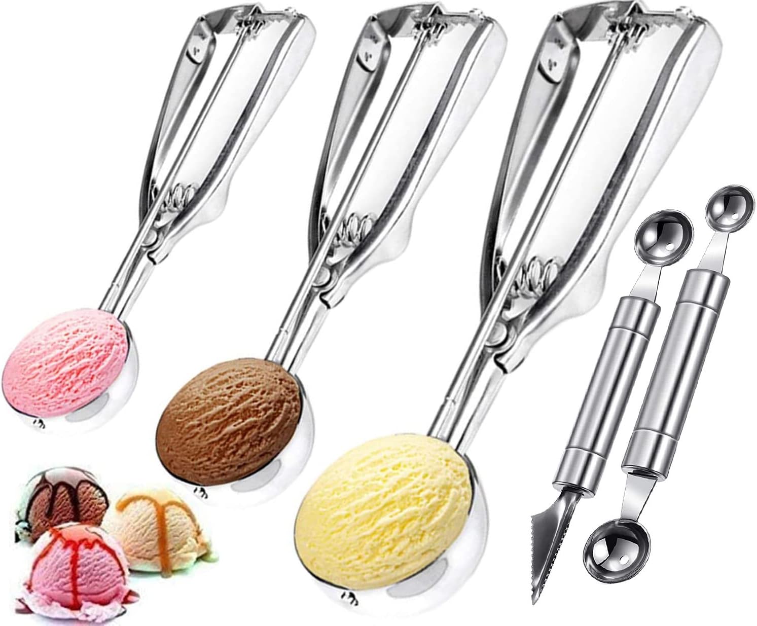 Eisportionierer Set, 3 Größen Eiskugelportionierer mit Auslöser für Eiscreme Plätzchen Kuchen Teig Melone Eiskugeln, Kartoffelpüree, Fleischbällchen, Obst, Teig, Portionierer (4/5/6cm)