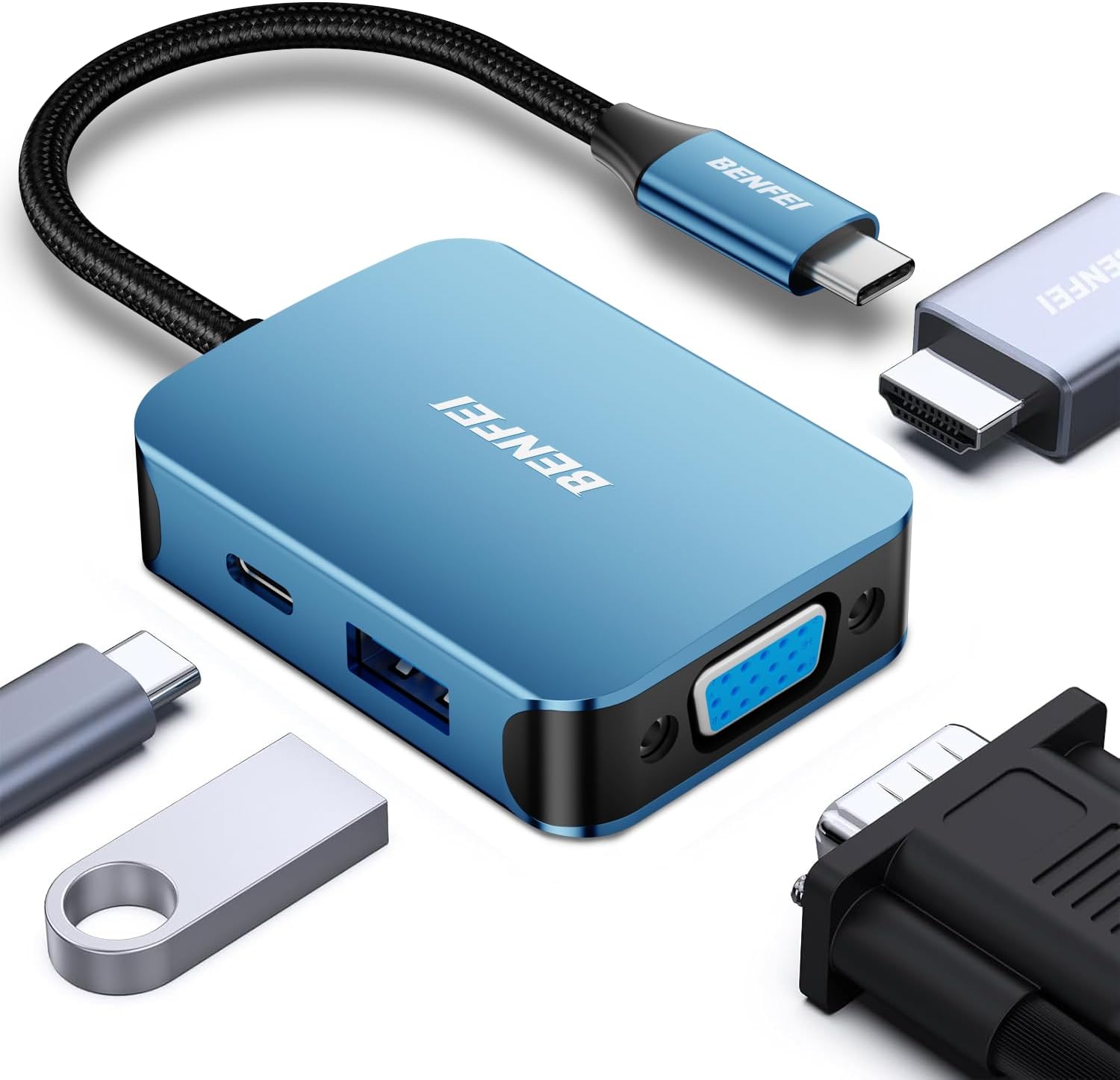 BENFEI USB C HUB 4in1,USB C Multiport-Adapter mit 4K HDMI/ 1080P VGA/ 5Gbps USB 3.0 Data Port/Typ C 60W Power Delivery, kompatibel für iPhone 15 Pro/Max MacBook Pro/Ai iPad Pro iMac Galaxy S23, Blau