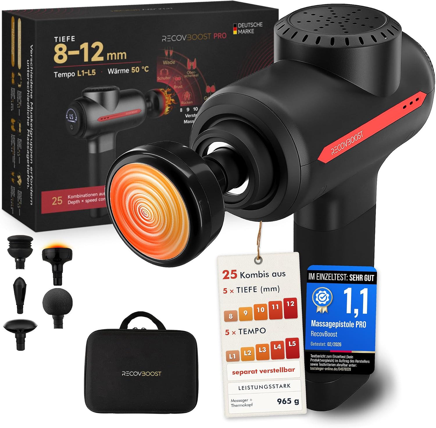 PRO Massagepistole mit Wärmefunktion NOTE 1,1 Massage Pistole mit verstellbarer Massagetiefe - Massage Gun Massagegerät für Rücken Nacken Faszien - Faszienpistole Muskelpistole für Sportler