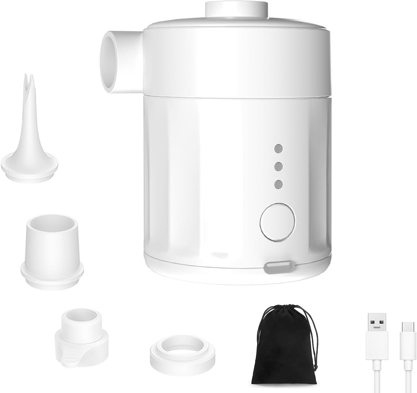 Mojimdo Tragbare Elektrische Luftpumpe, 5000 Pa Pumpe Akku, 450L/Min, Kompakte Air Pump mit 4 Düsen, für Camping, Luftmatratze, Schwimmring, Luftkissen, Schlauchboot, Vakuumbeutel