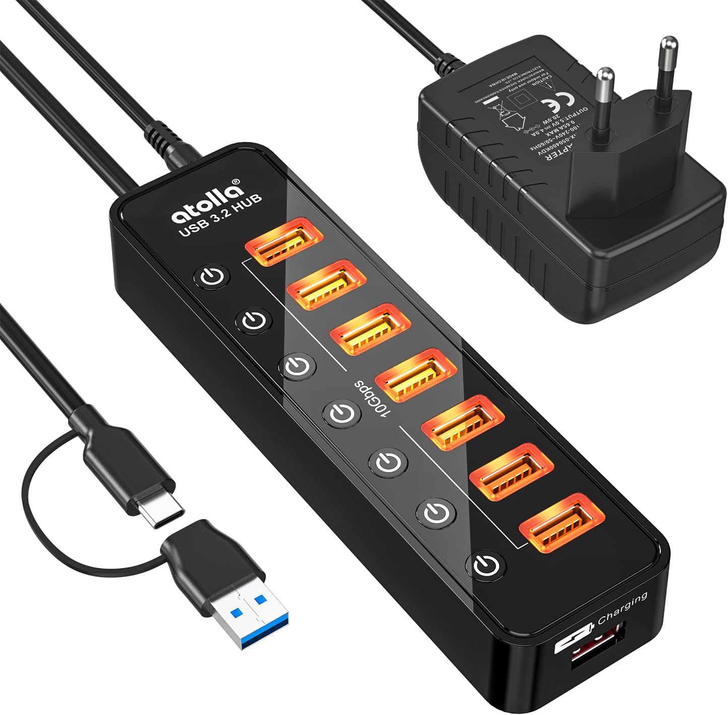 Atolla 8 Port USB 3.2 Hub mit Netzteil, Aktiver USB C Hub mit 7 * 10Gbps USB-A Verteiler und 1*Smart Charge Port, Separate Schalter & 5V/4A Netzteil, Powered USB Hub für PC Laptop MacBook Mehr