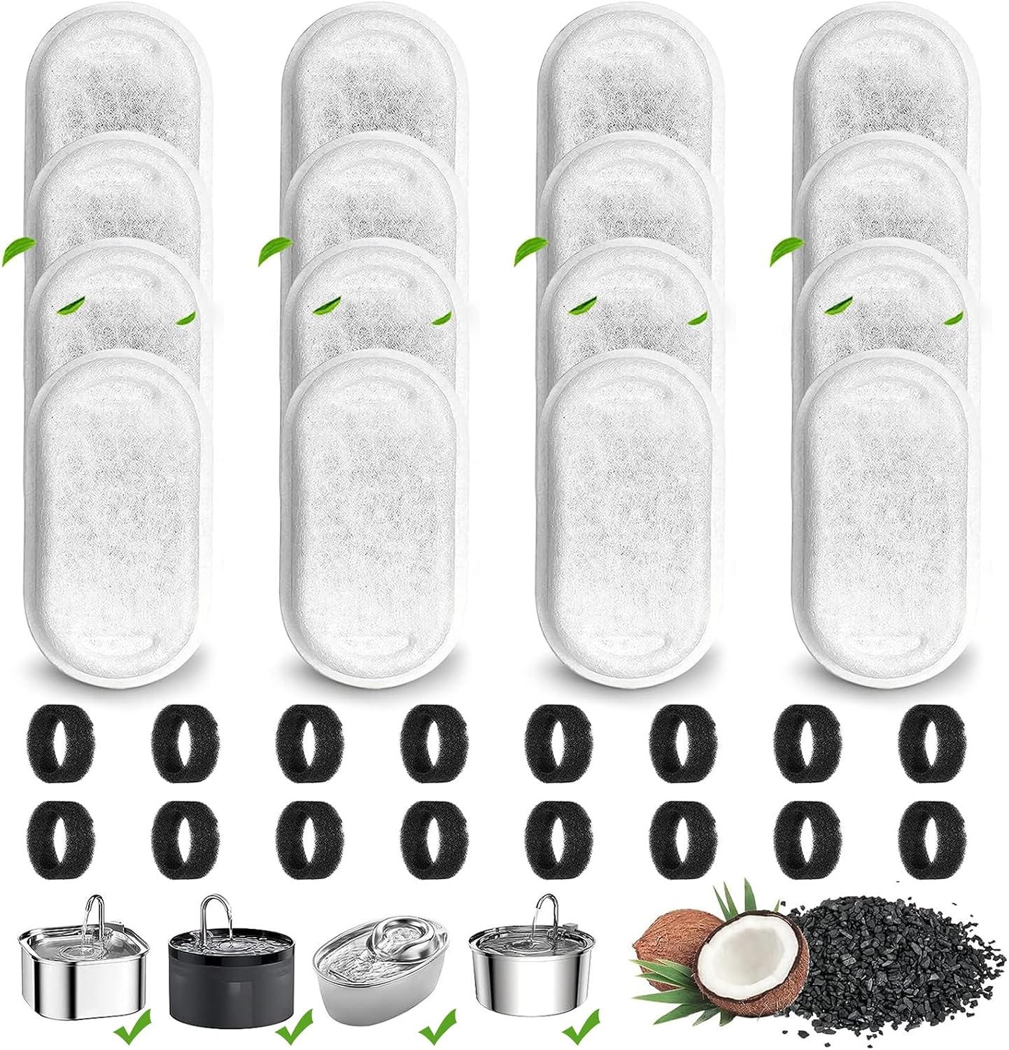 32 Stück Trinkbrunnen Filter, Filter Katzenbrunnen, Ersatzfilter für Katzenbrunnen für Edelstahl Katzenbrunnen für 108oz/3.2L und 67oz/2L,16 Stück Kohlefilter und 16 Stück Schaumfilter