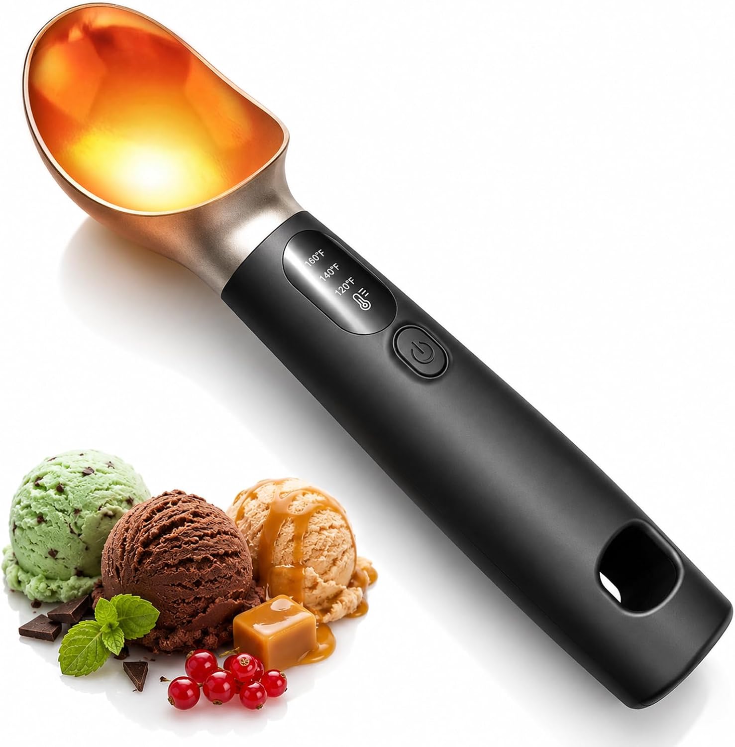Beheizbarer Eisportionierer Edelstahl, Wiederaufladbarer Beheizbarer Eislöffel mit 3 Temperaturen (49/60 /71°C) & LED-Display & 2600 mAh Akku, Eislöffel Portionierer für Hartes Eis & Gelato & Sorbet