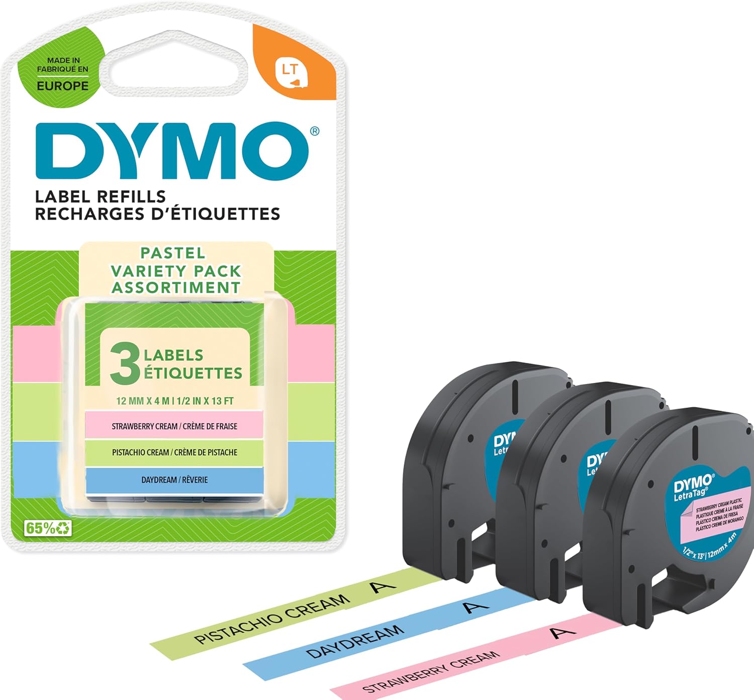 DYMO Original LetraTag Pastellfarbene Etiketten| Kunststoff | 12 mm x 4 m | Pistaziengrün, Hellblau & Rosa | selbstklebendes Etikettenband| für LetraTag-Beschriftungsgerät | 3 Etikettenkassetten
