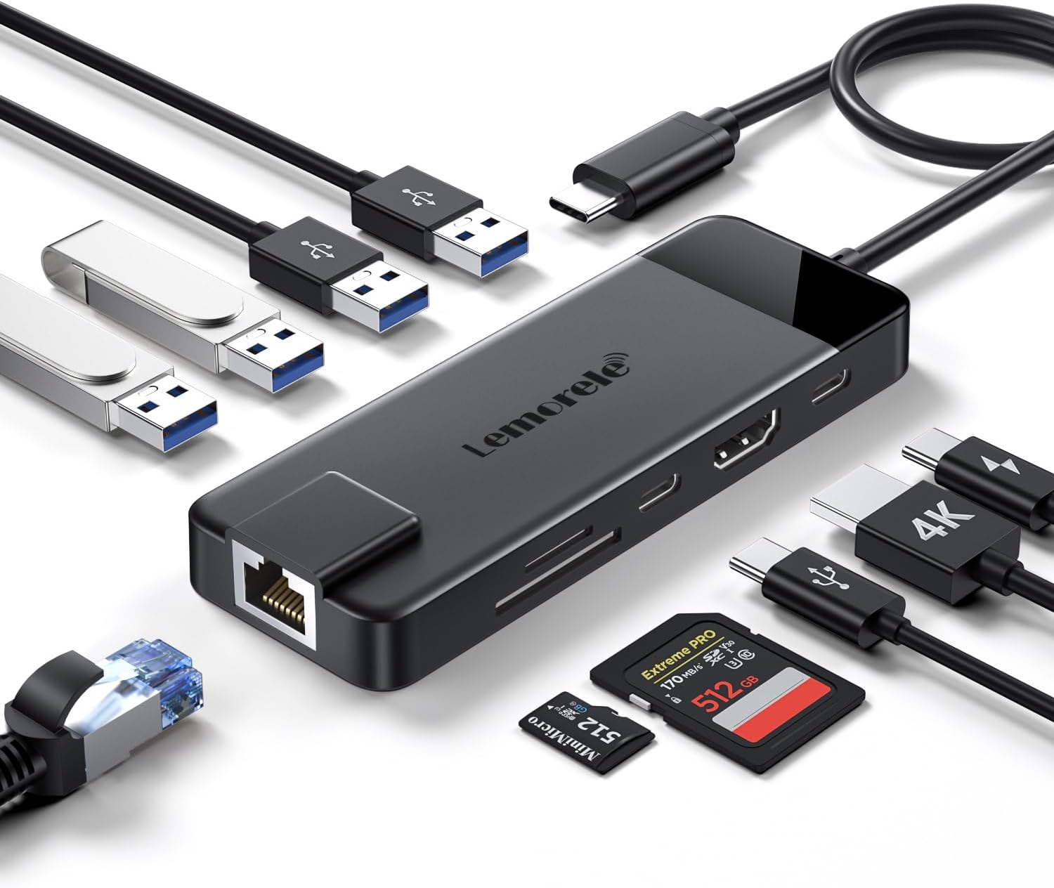 Lemorele USB-C Docking Station 10-in-1, Gigabit Ethernet, 100W PD, 5Gbps