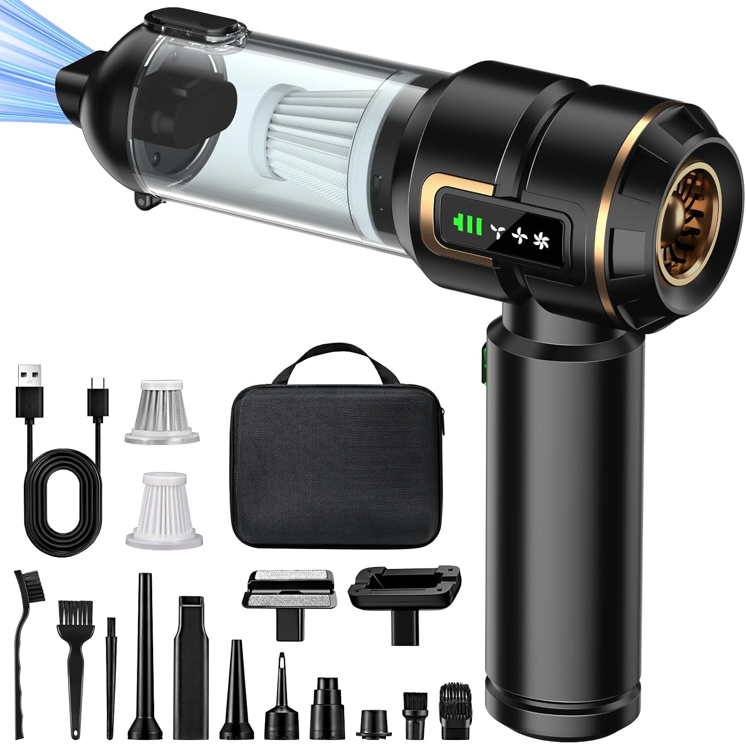 Handstaubsauger Akku 4-in-1 mit LCD Display, Auto Staubsauger Stark 28000PA Kabellos, 3-Stufen 240000 U/min Mini Staubsauger mit Bildschirm für Auto, Küche, PC, Sofa, Büro, Haus & Tierhaare