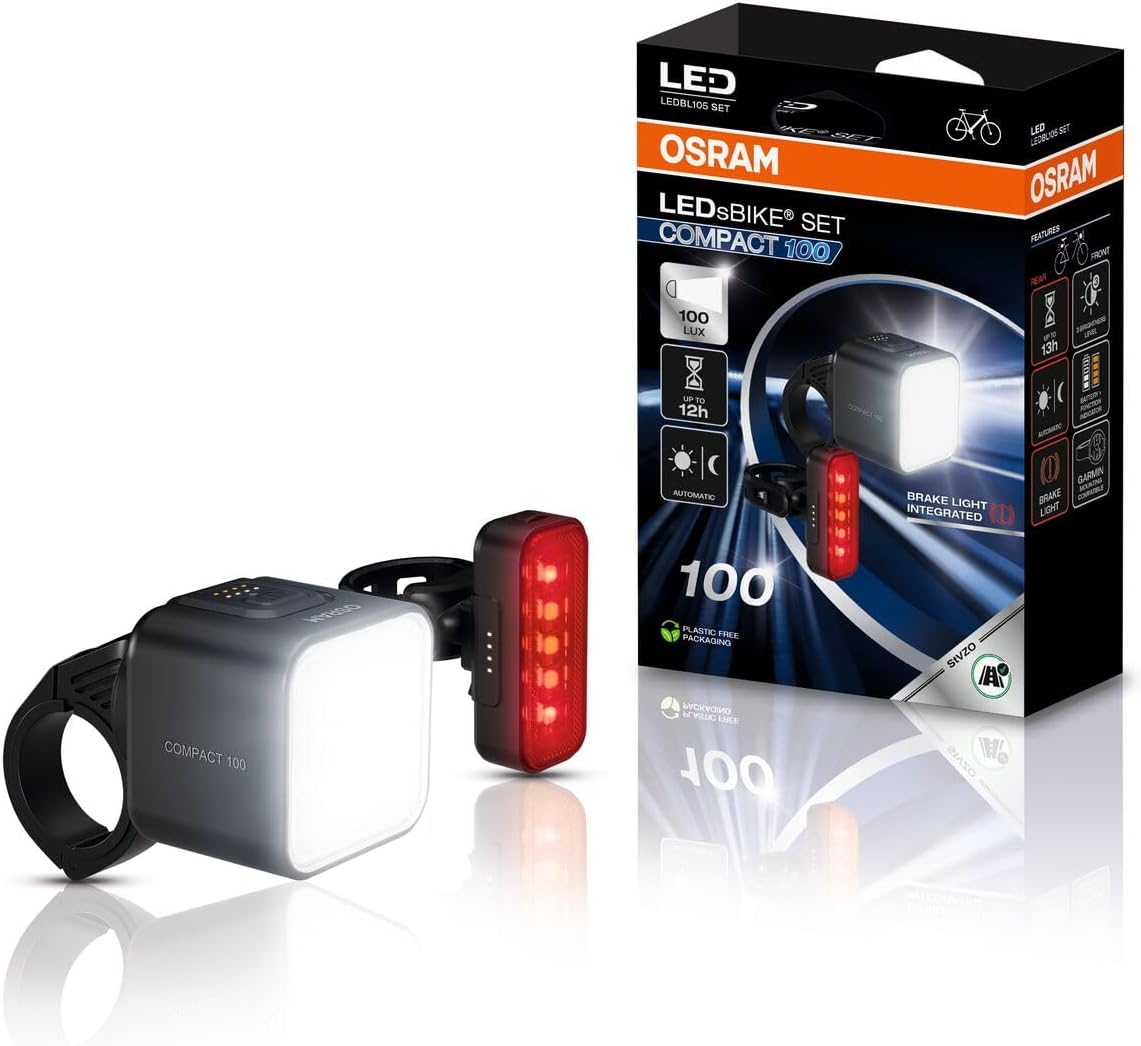 OSRAM LEDsBIKE COMPACT 50 Set, wiederaufladbares Fahrradlicht-Set – Vorder- und Rücklicht, StVZO-geprüft, Garmin-kompatible Halterun, DREI Beleuchtungsmodi, 50 Lux