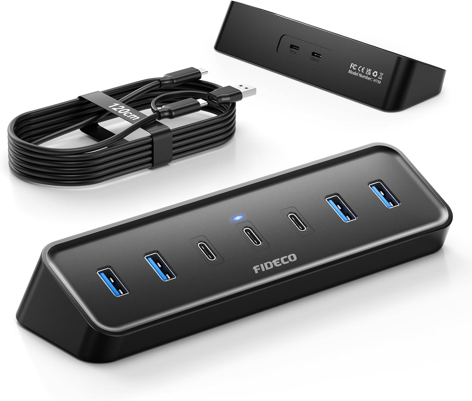 FIDECO 7 Port USB 3.0 Hub mit 1.2m Kabel für Desktop/PC/MacBook, 5Gbps USB Verteiler mit 4 USB-A + 3 USB-C Port, USB Splitter mit Langem Kabel, ohne Netzteil, Nicht zum Laden geeignet
