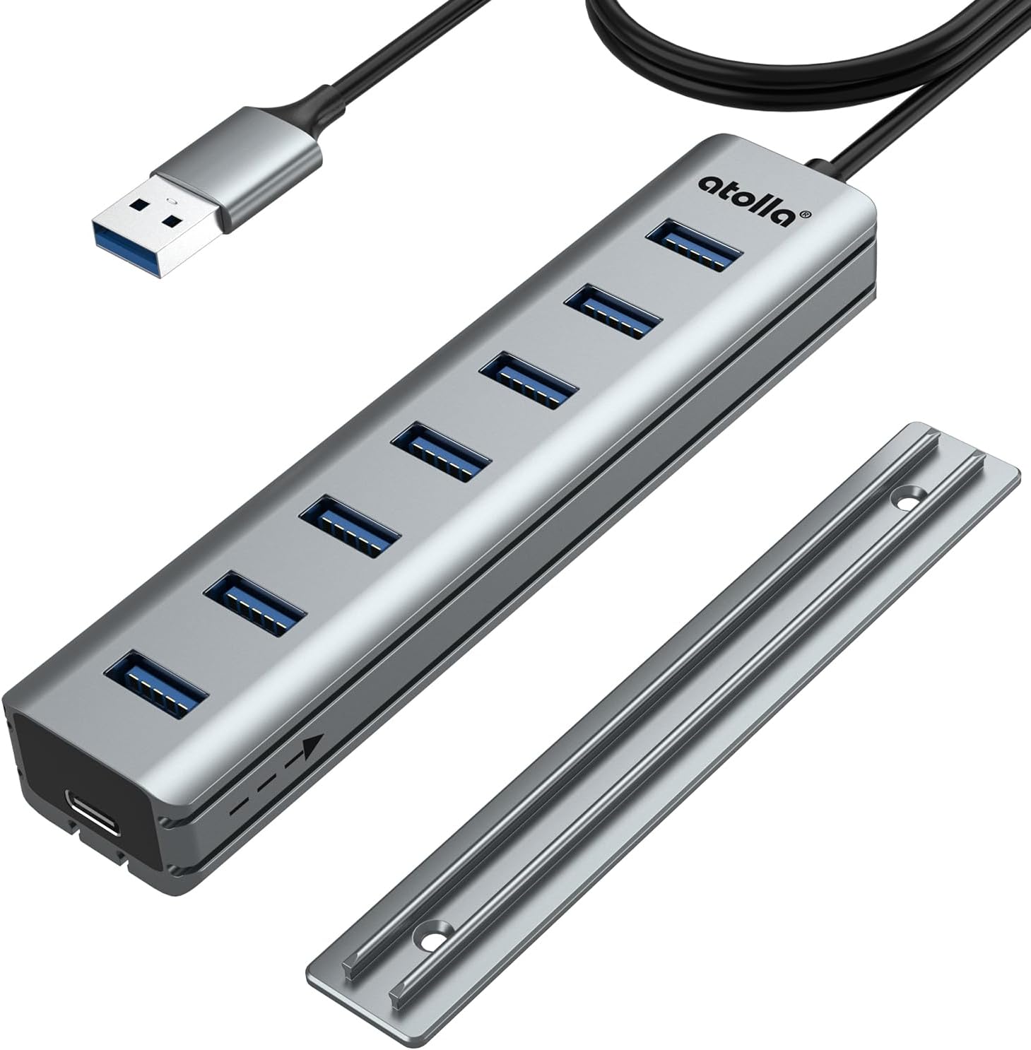 8-Port USB 3.0 Hub mit Aluminium Tischmontage Design, USB Verteiler Adapter mit 100cm Lange Kabel, 5Gbps USB3.0 Datenanschluss, Typ-C Power Port für Desktop, PC, Laptop, Maus, U-Disk