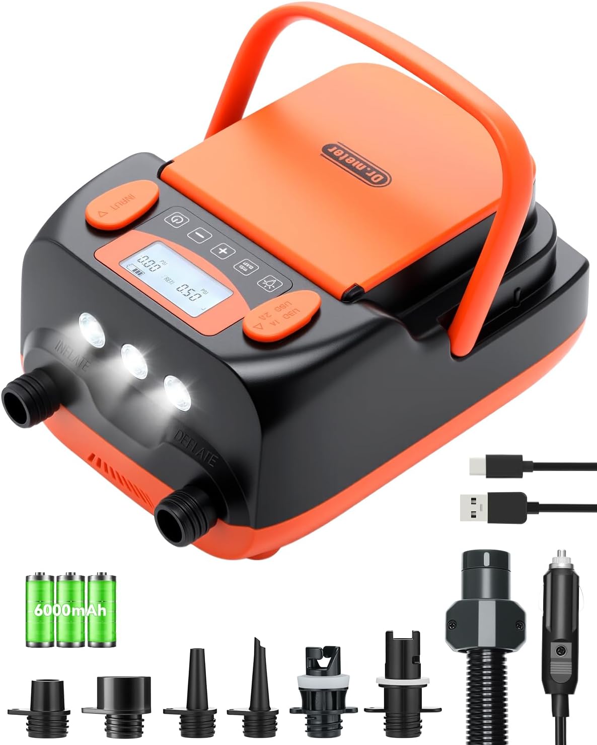 Dr.meter 6000mAh Wiederaufladbare Elektrische SUP Pumpe, SUP Pumpe Elektrisch Akku mit Auto-Off, Kann 4 SUPs Aufladen, 2 USB Anschlüssen und 3 LED Lichtern für SUP-Boards, Boote, Zelte, Kajak