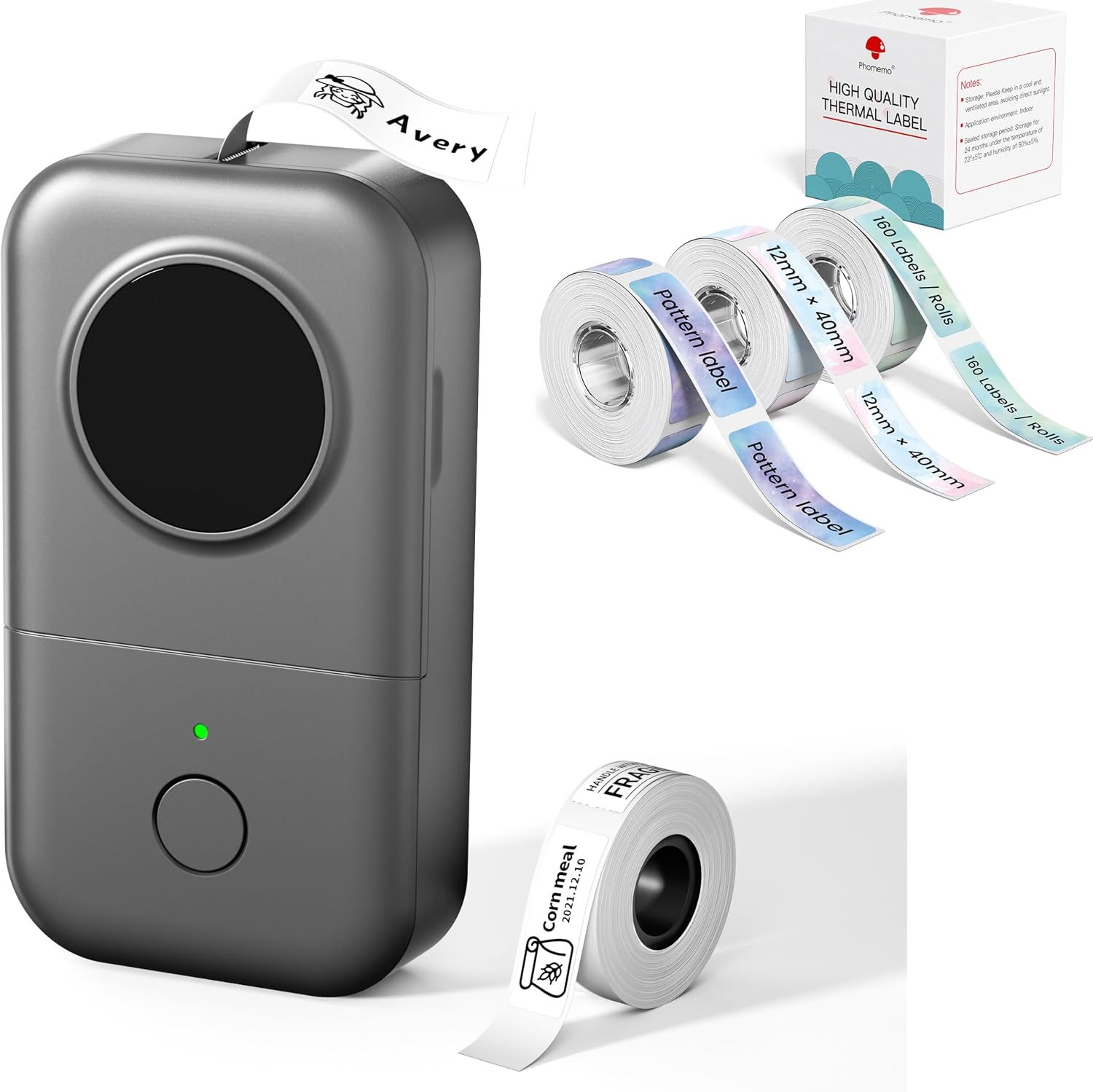 Phomemo D30 Etikettendrucker, Bluetooth Etikettiergerät für Büro, Schule, Zuhause, Küche, mit 3 Rollen Starry Sky Etikett(12mm × 40mm) und 1 Rolle weißen Etiketten(12mm × 40mm)