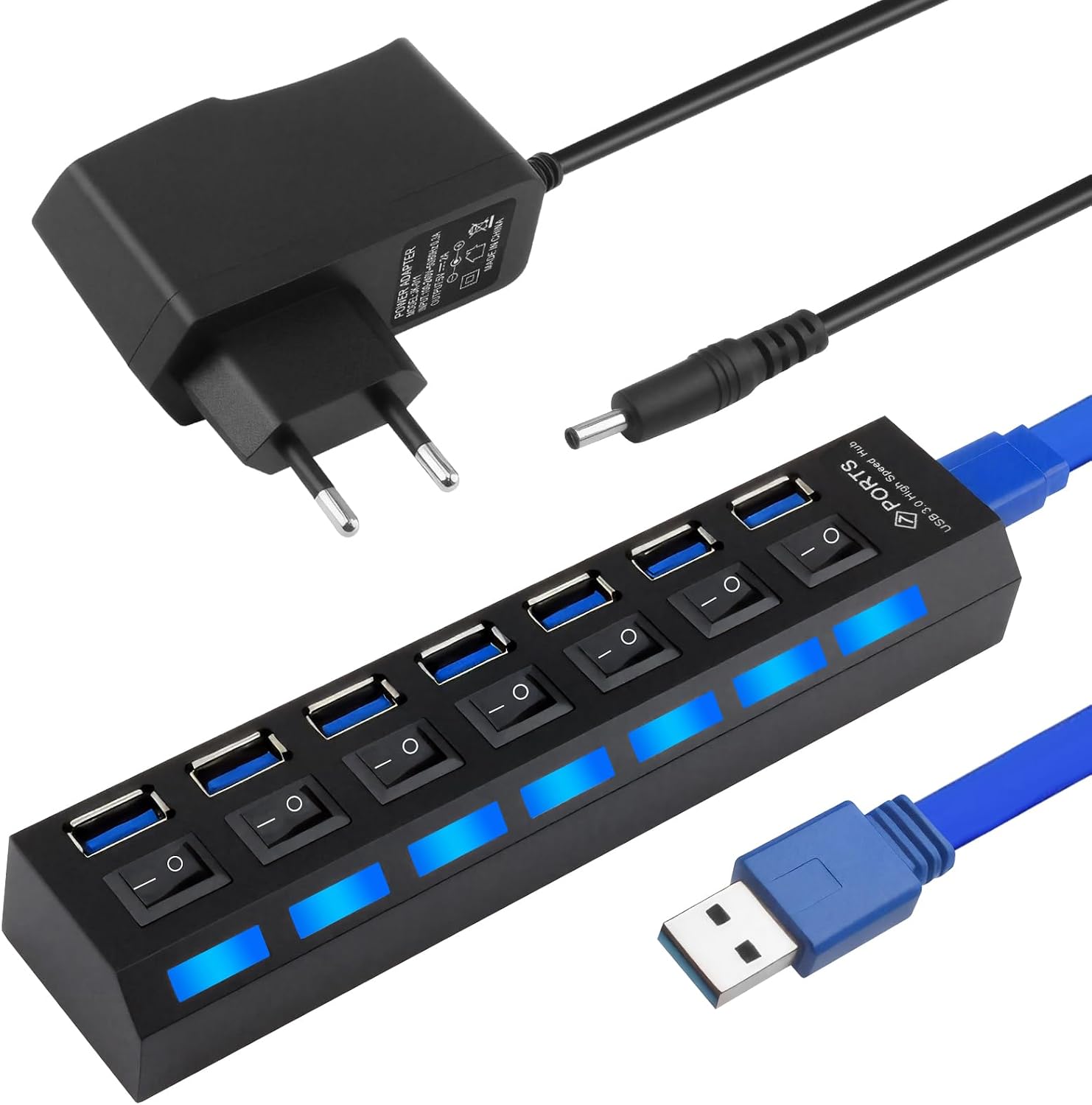 7 Ports USB Hub 3.0 mit LED Netzteil Individuellen Schaltern Plug-Play