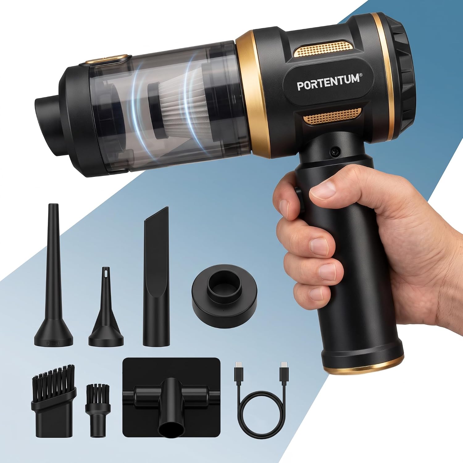 PORTENTUM 4 in 1 Handstaubsauger Akku 7800 mAh bis zu 40 Min – USB-C – Waschbarer HEPA-Filter und bürstenloser 120-W-Motor – Autostaubsauger für Auto und Zuhause mit 3 Leistungsstufen und 7 Aufsätzen