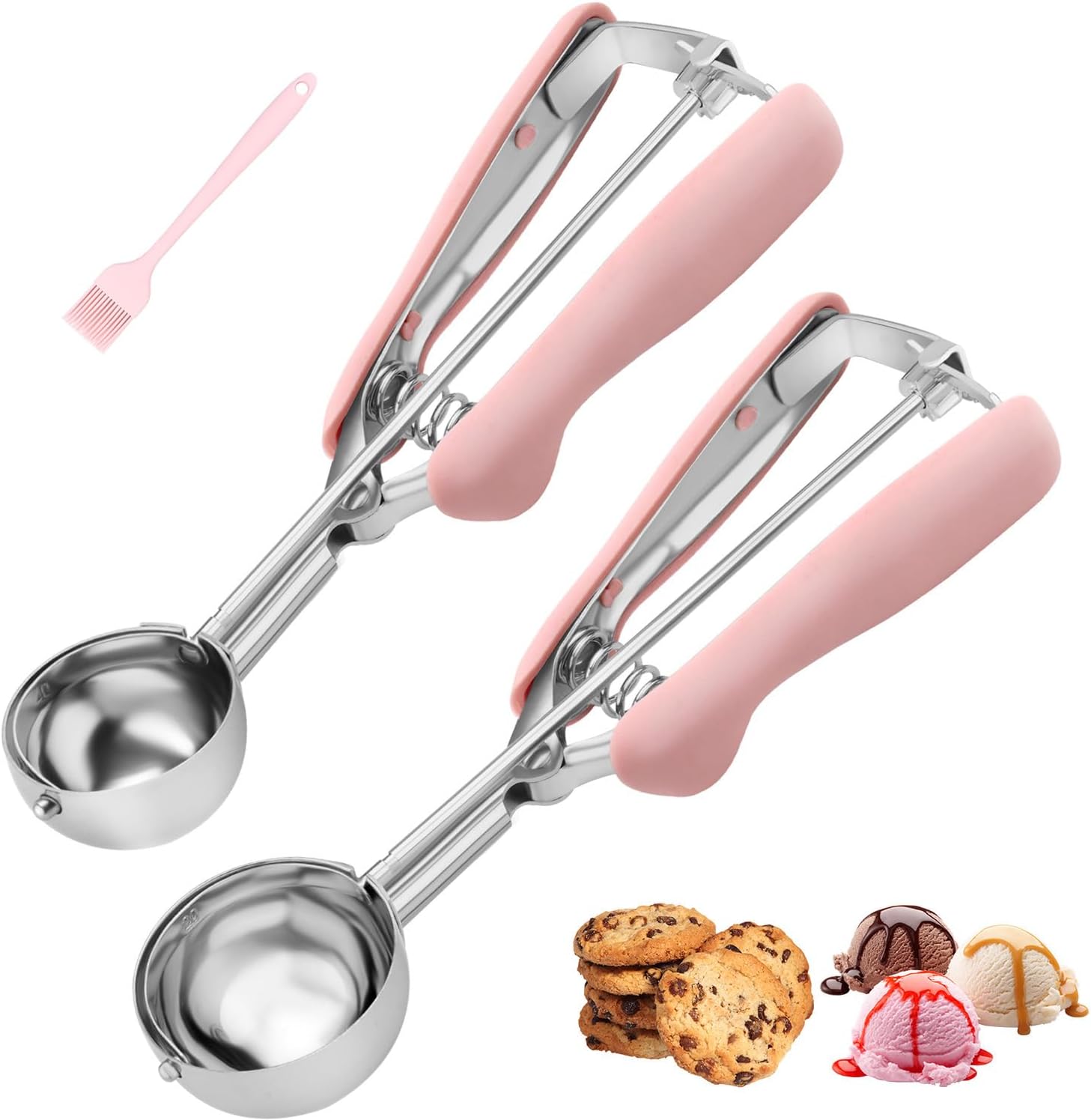 Keksschaufeln zum Backen 2er Set, Rosa Griff 18/8 Edelstahl Eisportionierer Set mit ergonomischem Softgriff, Federauslöser Auslöser Keksteigschaufel für Cupcakes, Muffins, Fleischbällchen, Melone