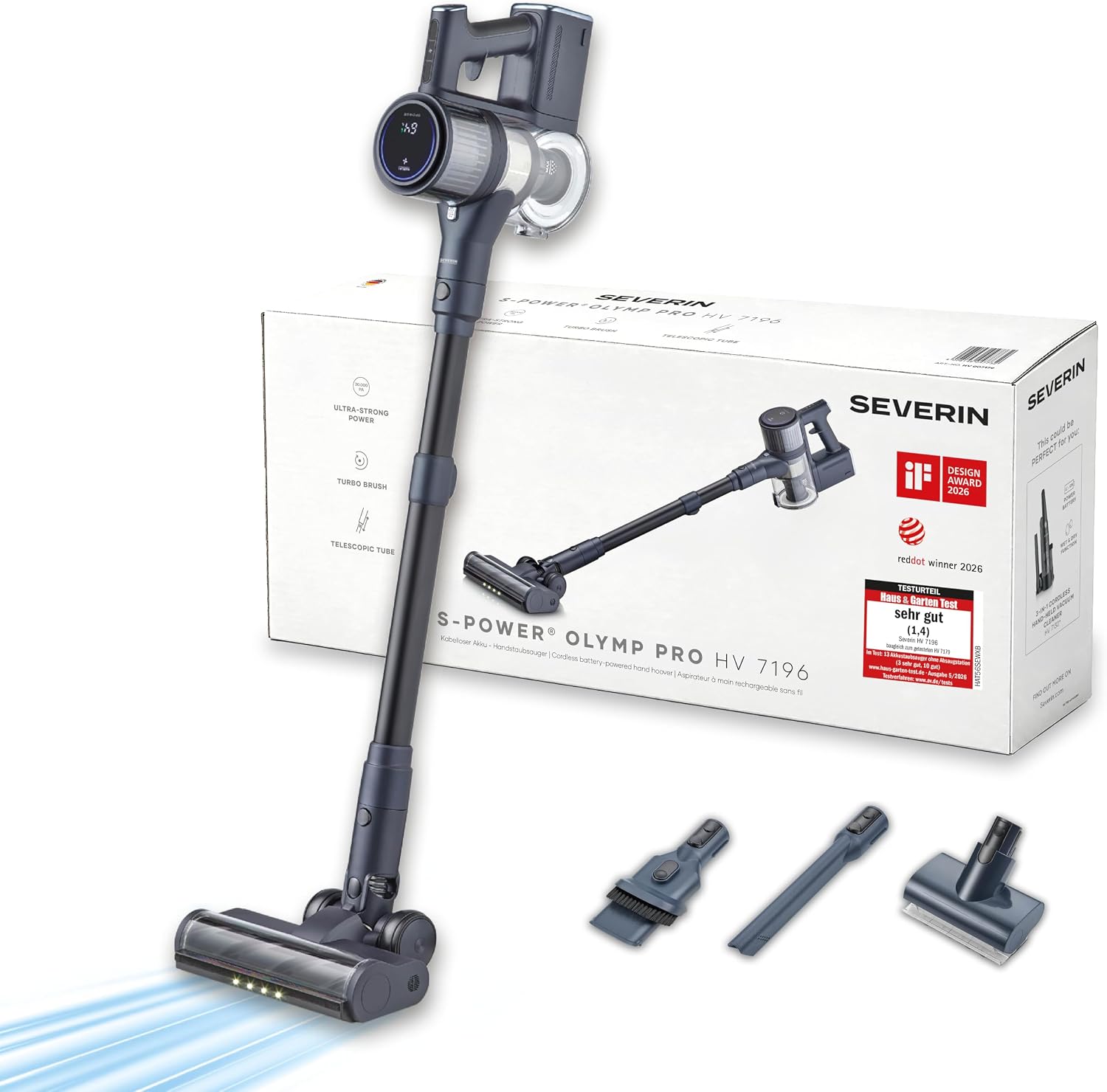 Severin Akku-Handstaubsauger, leistungsstarke 19.000 Pa/200 W, kabellos, Laufzeit bis 35 Minuten, Handstick für Hartböden Teppich Möbel, LED-Beleuchtung, höhenverstellbar, blau, S-Power Olymp, HV 7175
