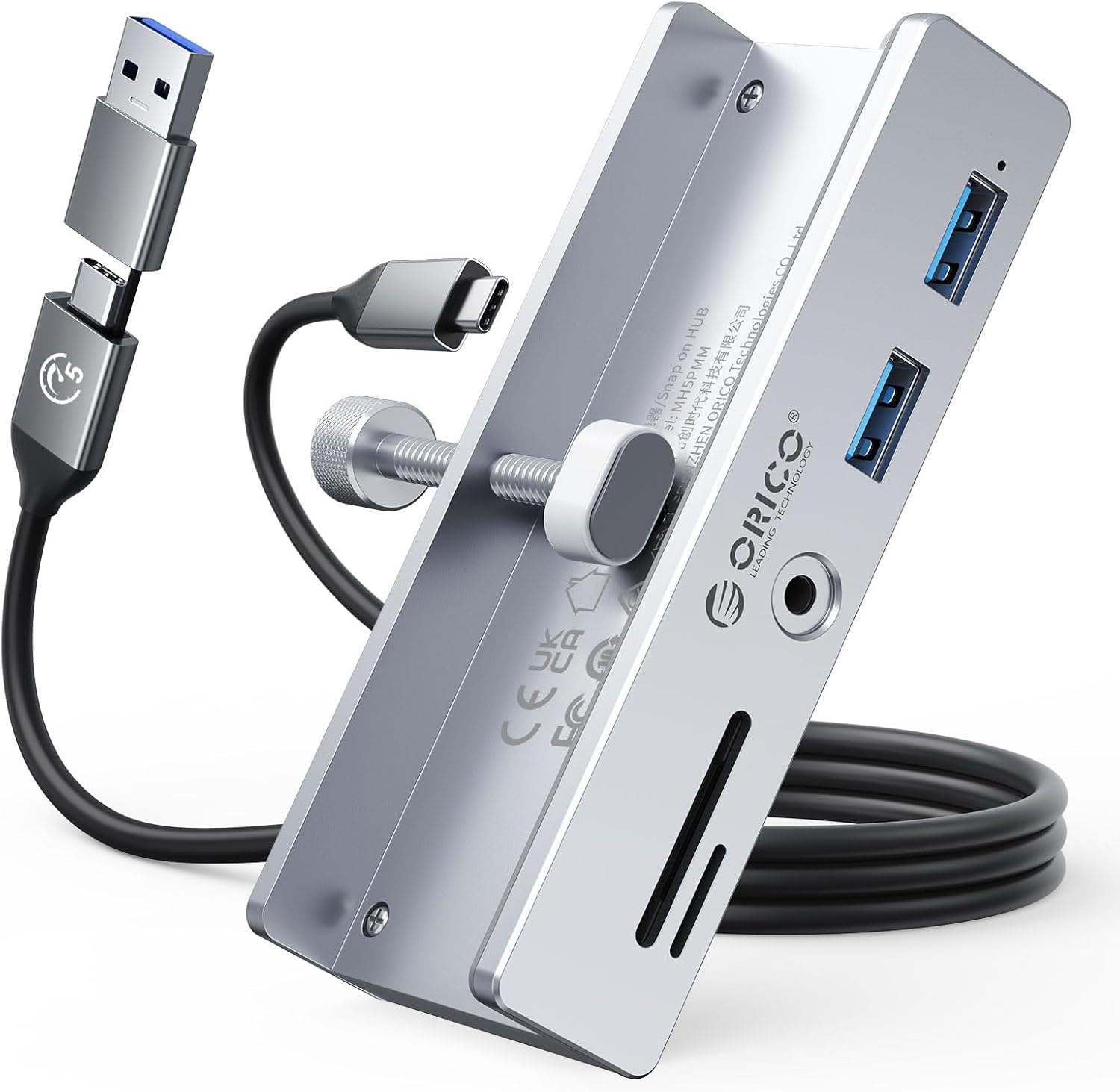 ORICO Clip-Typ USB Hub mit SD/TF Kartenleser, 5 in 1 USB Hub 3.0 mit 2 Typ A 3.0 Ports, 3.5 mm Audio, 5Gbps USB Verteiler mit 5V Stromversorgungsanschluss, Für Monitore, Desktop