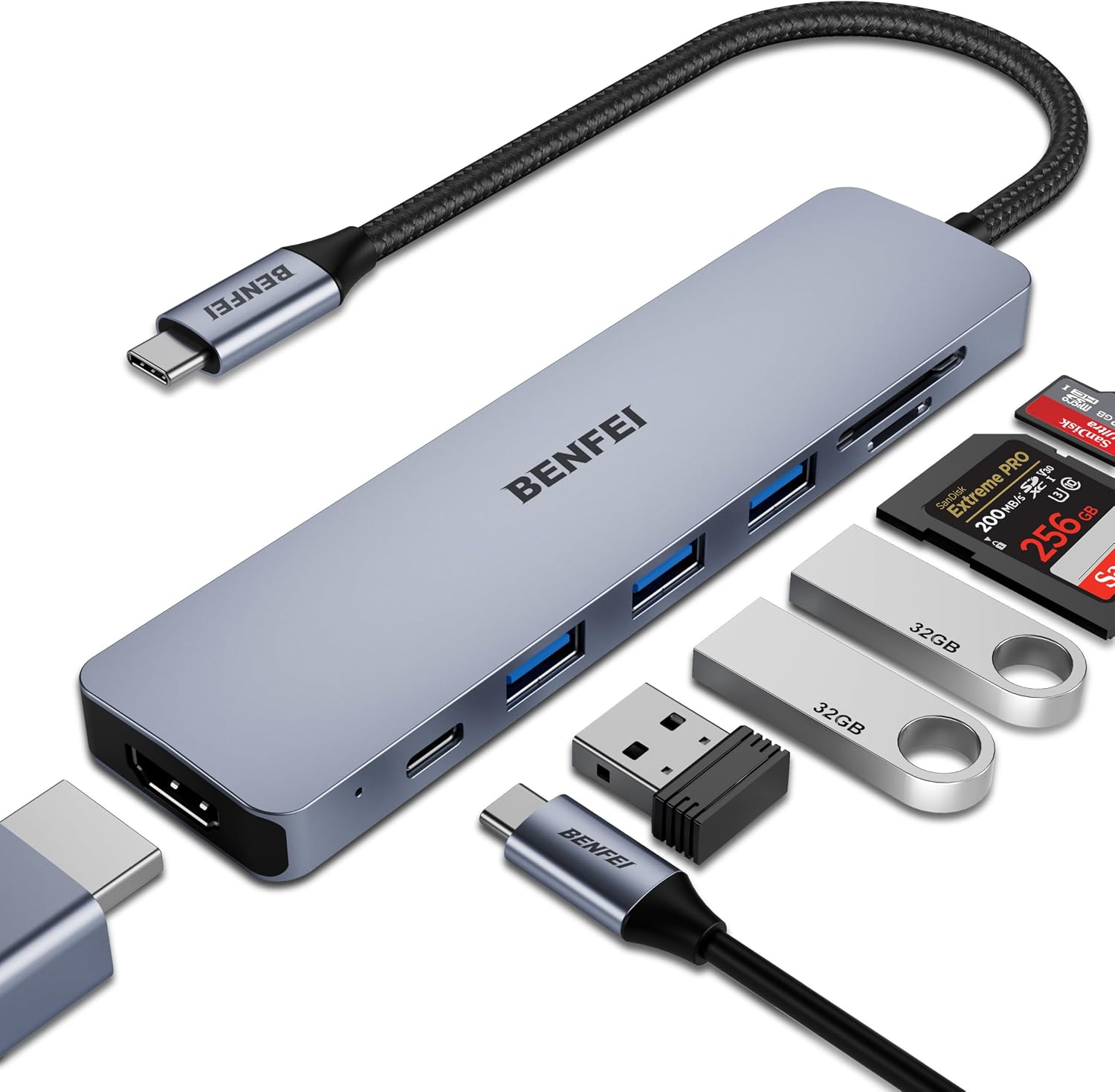 BENFEI USB C HUB 7in1,USB-C HUB Multiport Adapter mit HDMI(4K@60Hz Zertifiziert)/100W Power Delivery/3*USB 3.0 5Gbps/SD/TF Card Reader(160MB/s) für iPhone 15 Pro/Max MacBook iPad Pro iMac S23 XPS17