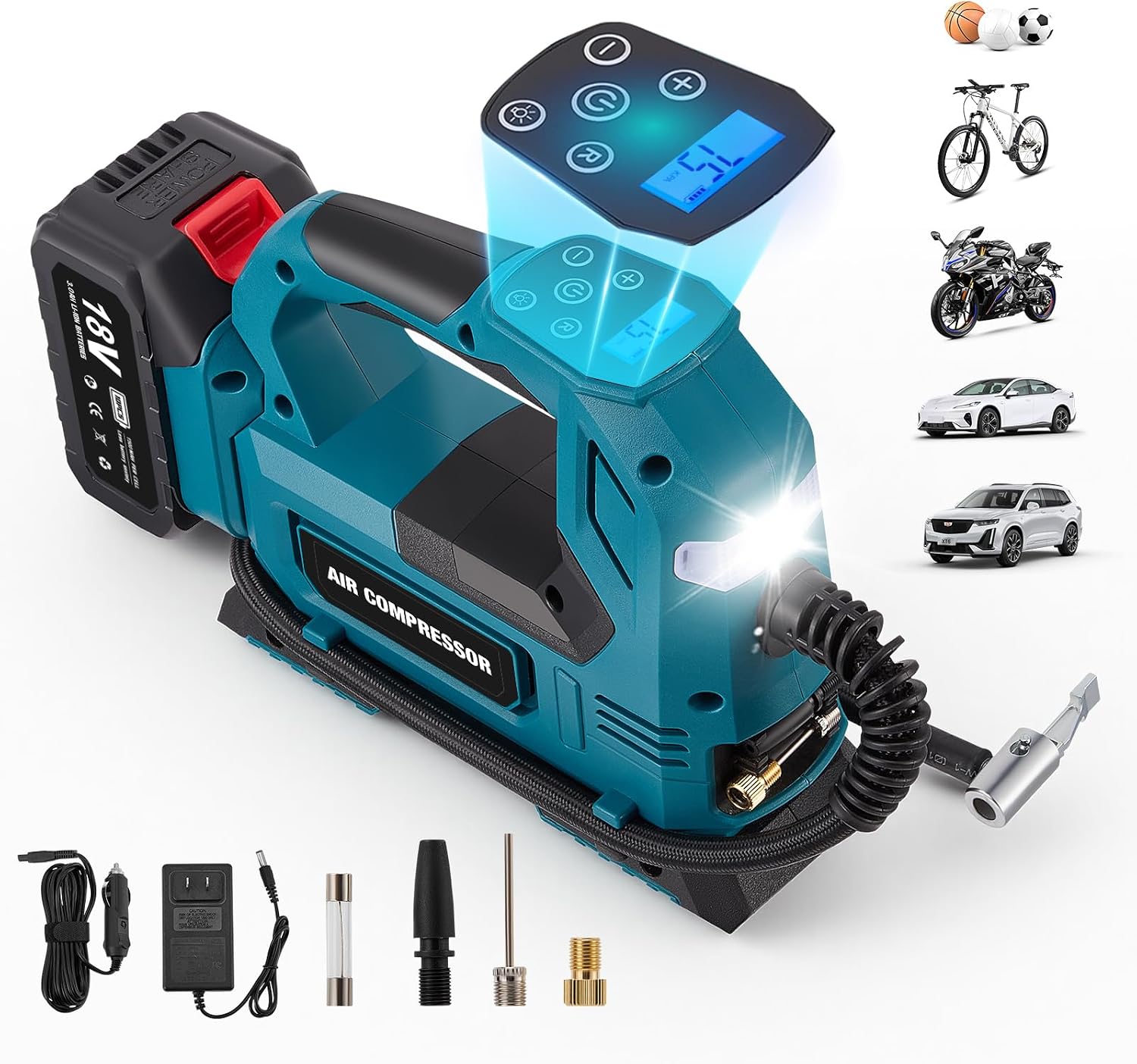 Akku Kompressor 150 PSI digitaler Luftkompressor mit LED-Arbeitslicht und Auto-Stopp-Funktion, elektrische Luftpumpe für Auto, Motorrad, Fahrrad und Sportbälle inkl. 3,0 Ah Akku und Ladegerät