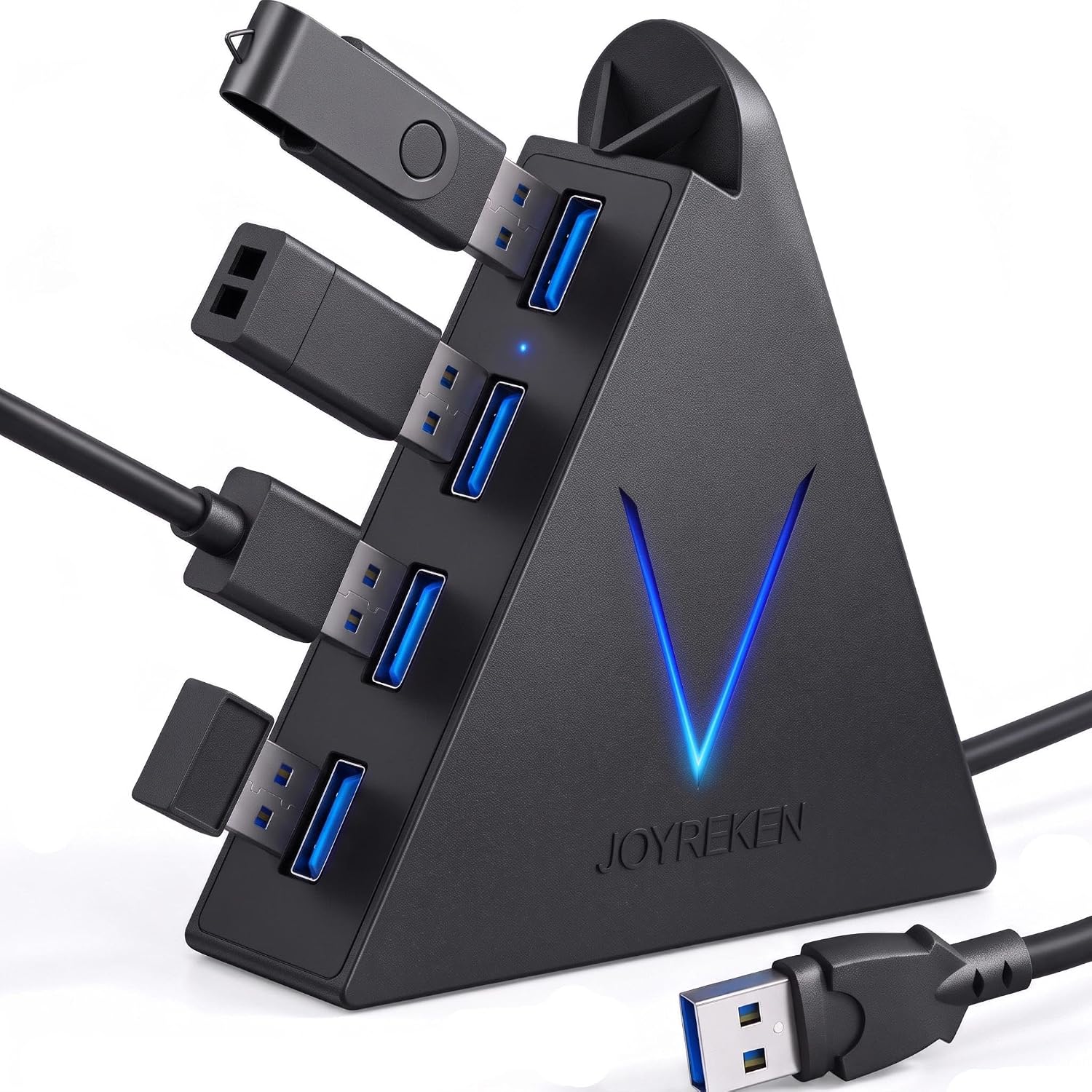 4-Port USB 3.0 Hub, FlyingVHUB USB Hub Tower mit 60 cm verlängertem Kabel, RGB-Beleuchtung (mit Schalter), USB-Splitter für Laptop, PC, PS4, PS5, Xbox, Maus, Tastatur, Flash-Laufwerk, U-Disk(Schwarz)