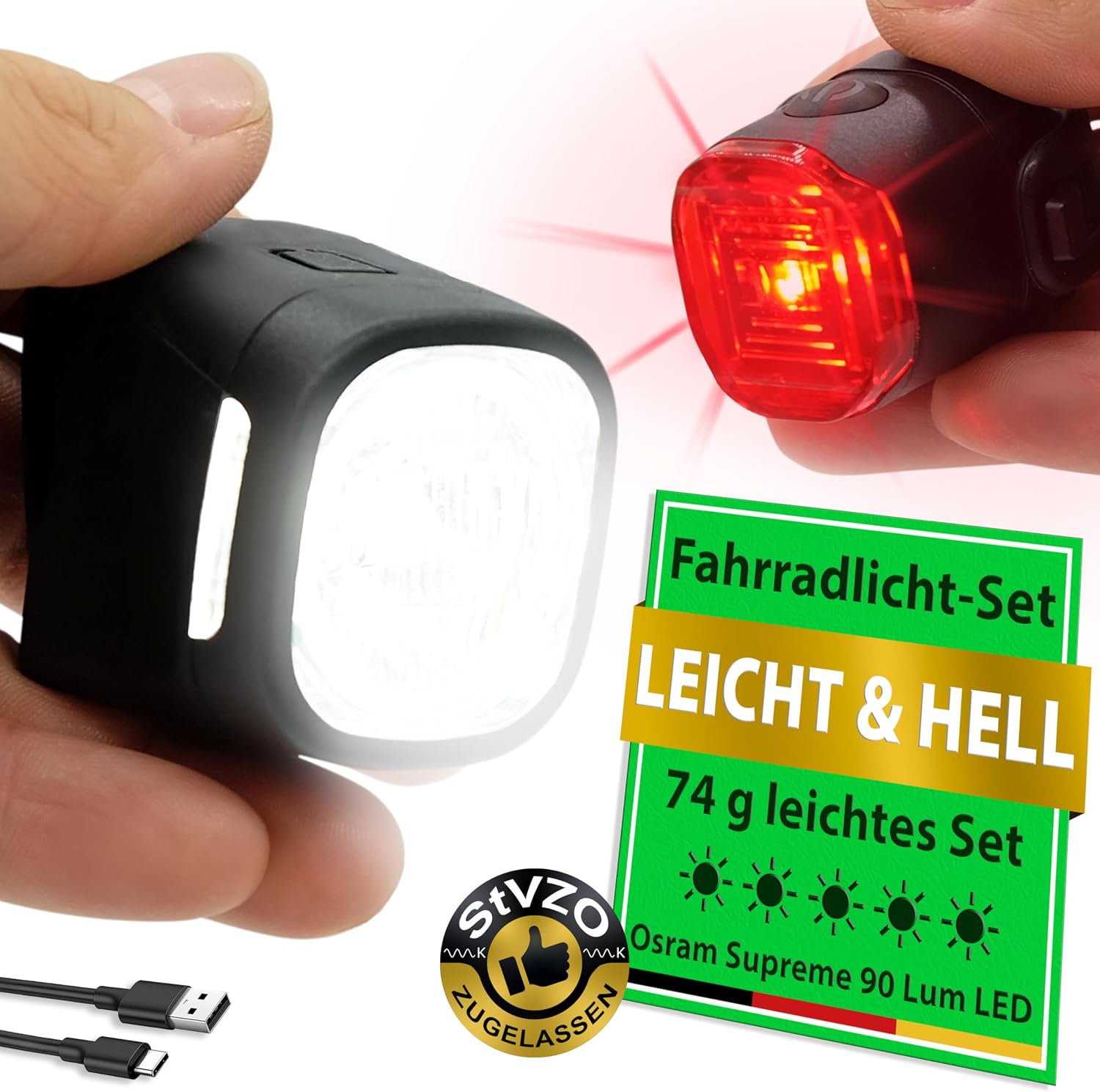 WIDDER Fahrradlicht Vorne & Hinten als Set – Sehr Hell 90 Lum LED – USB C