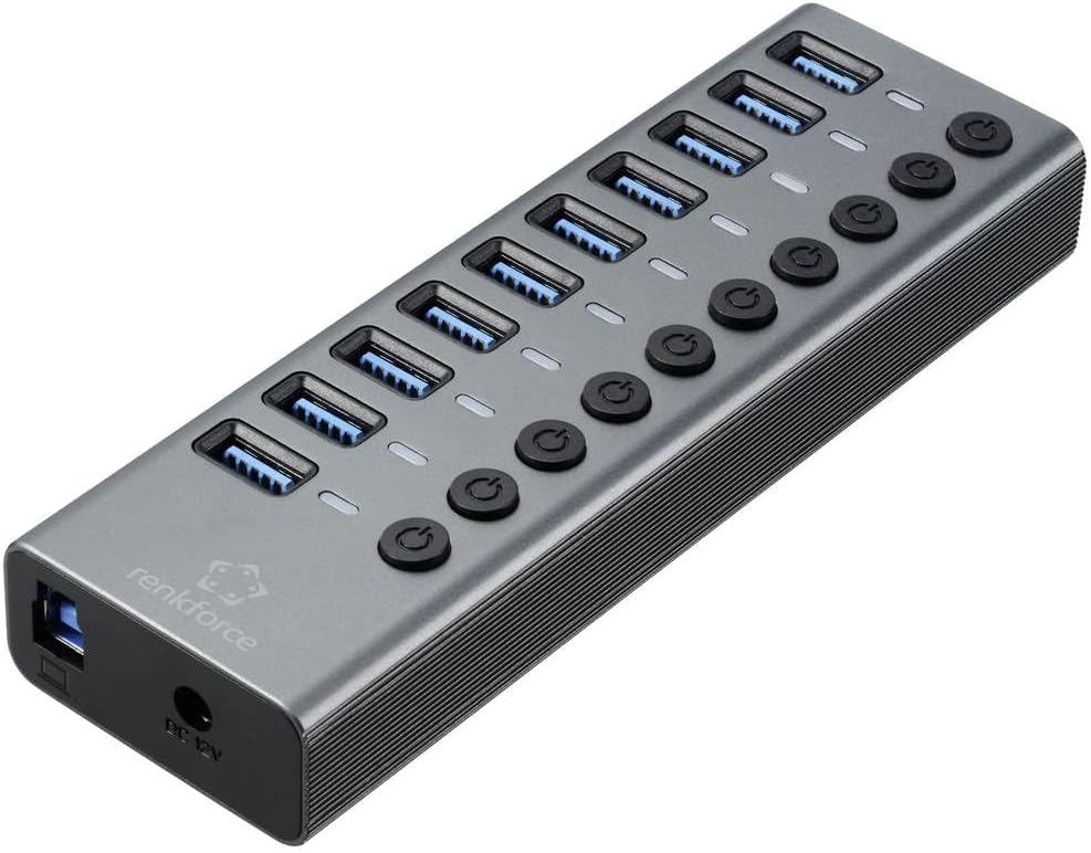 Renkforce RF-6027504 USB-Hub 10 Port USB-A USB 3.1 Gen2 10 GBit/s einzeln schaltbar, mit Aluminiumgehäuse Silber-Schwar