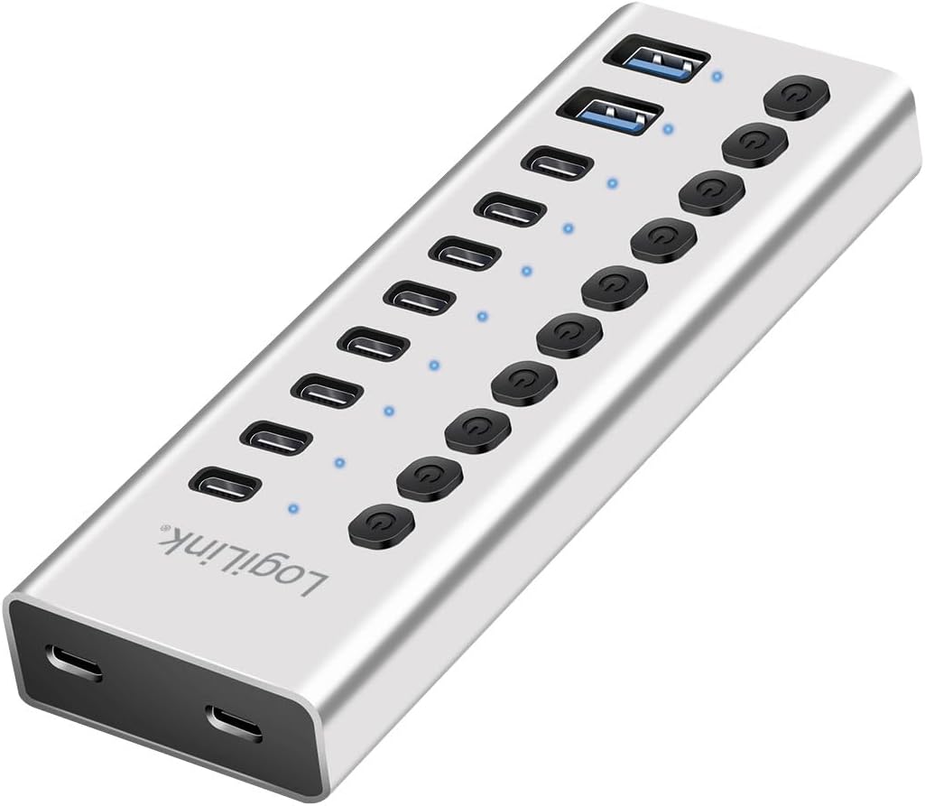LogiLink UA0446 - USB 3.2 Gen1 Hub mit 4-Ports und Kabel/Adapter, USB Typ A und USB Typ C, EIN-/Ausschalter, Aluminium