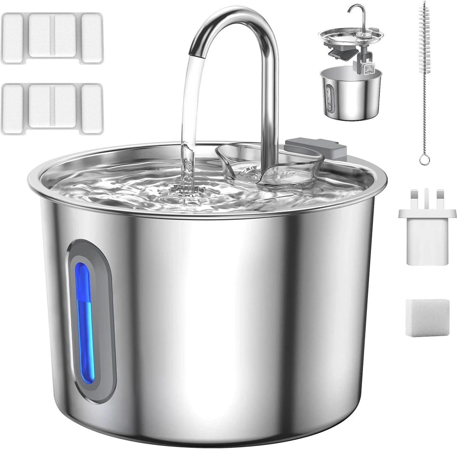 2.2L Edelstahl Trinkbrunnen Katzenbrunnen für Katze und Hunde Leise Trinkbrunnen mit 3-Stufen Filtersystem, 304 Edelstahl, Ultra-Leise(≤28dB), Automatischer Trinkwasserspender mit LED-Leiste & Wassers
