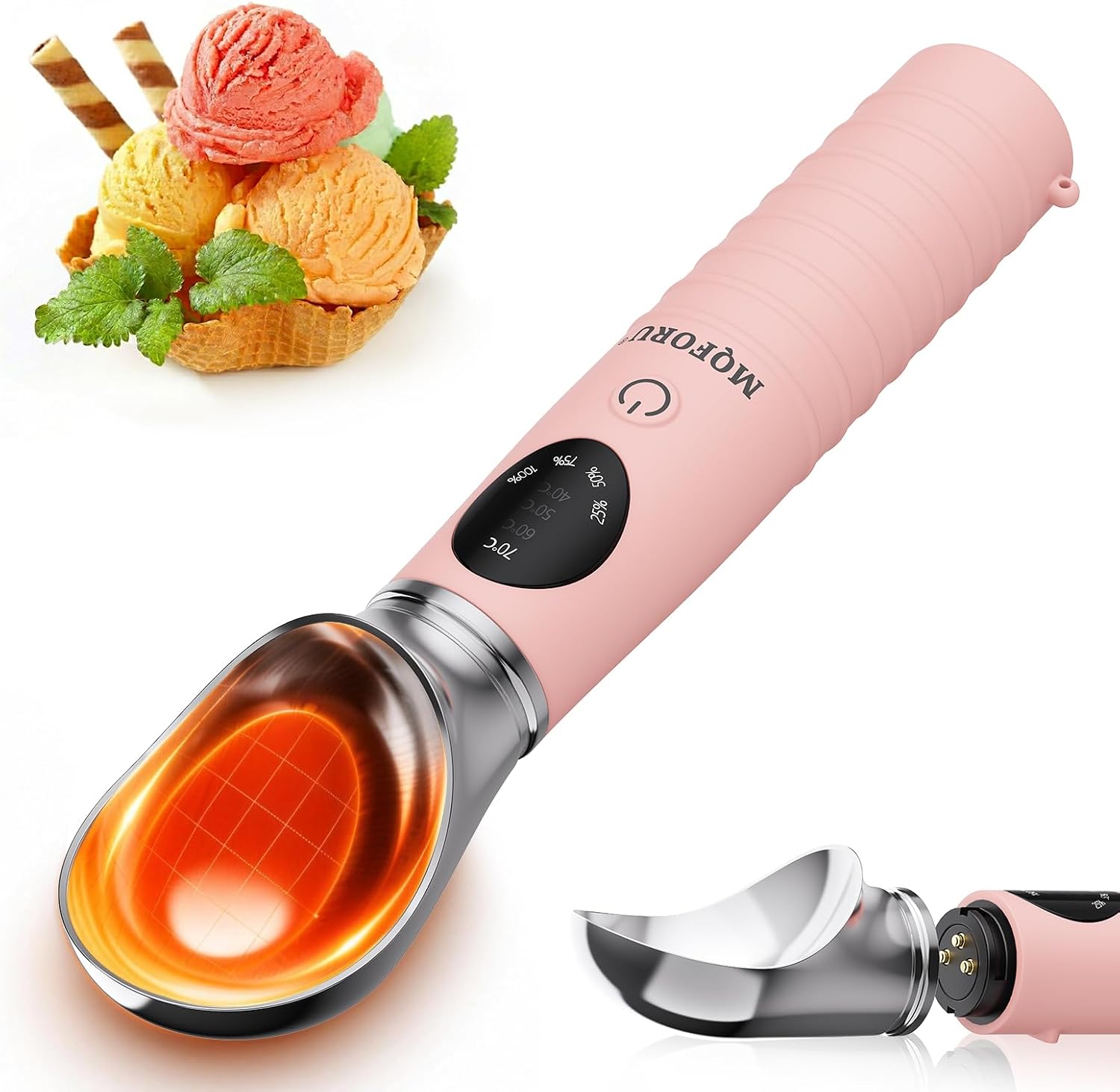 MQFORU Beheizbarer Eisportionierer,Edelstahl Wiederaufladbarer Eislöffel Portionierer mit 4 Temperaturen (40-70 °C), Abnehmbar,2500 mAh Kapazität,LED Display,Ice Cream Scoop für Hartes Eis & Gelato