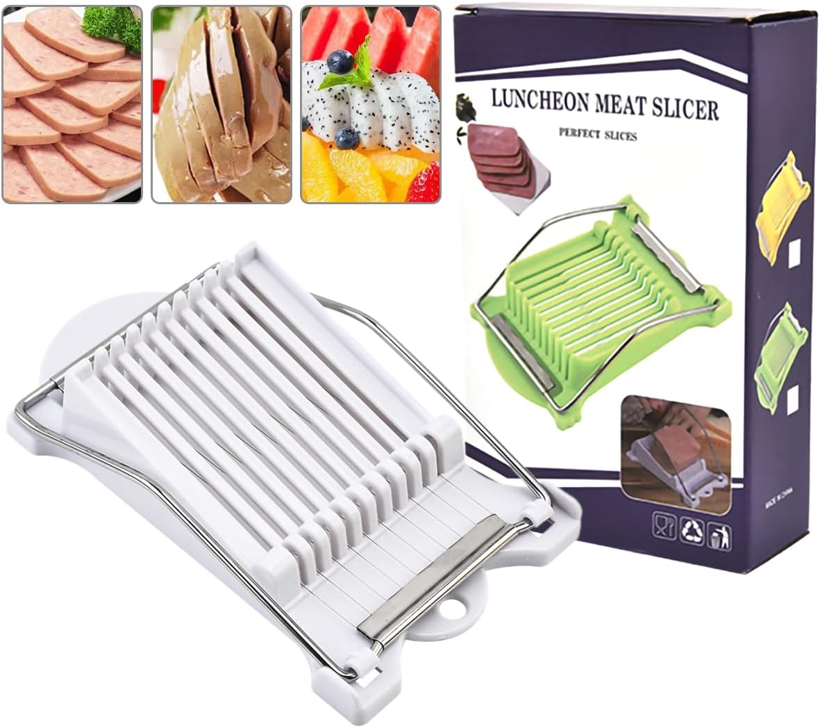 Mehrzweck-Fleischschneider, Edelstahl-Draht-Eierschneider, schneidet 11 Scheiben für Spam, Käse, Obst, weiche Lebensmittel und Schinken (weiß)