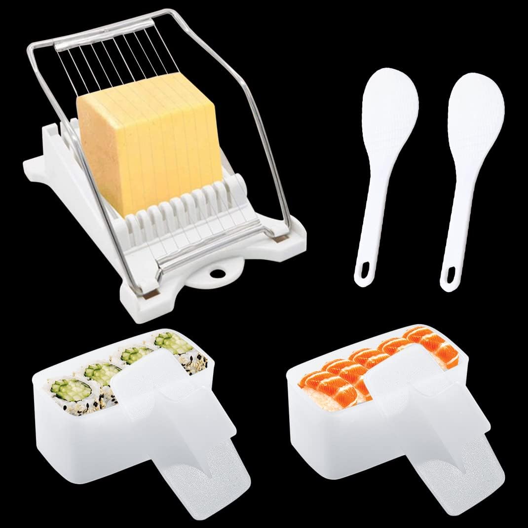 5 Stück Luncheon Fleischschneider Sushi Form Eierschneider Onigiri Pressform Käseschneider Edelstahldrähte Musubi Maker Presse mit 2 Stück Reispaddel (5 Stück)