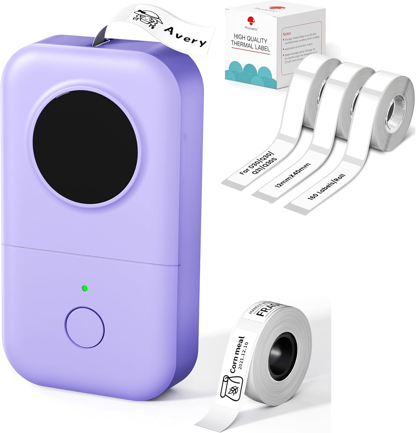 Phomemo D30 Etikettendrucker, Bluetooth Etikettiergerät für Büro, Schule, Zuhause, Küche, mit 4 Rollen weißen Etiketten(12mm × 40mm)