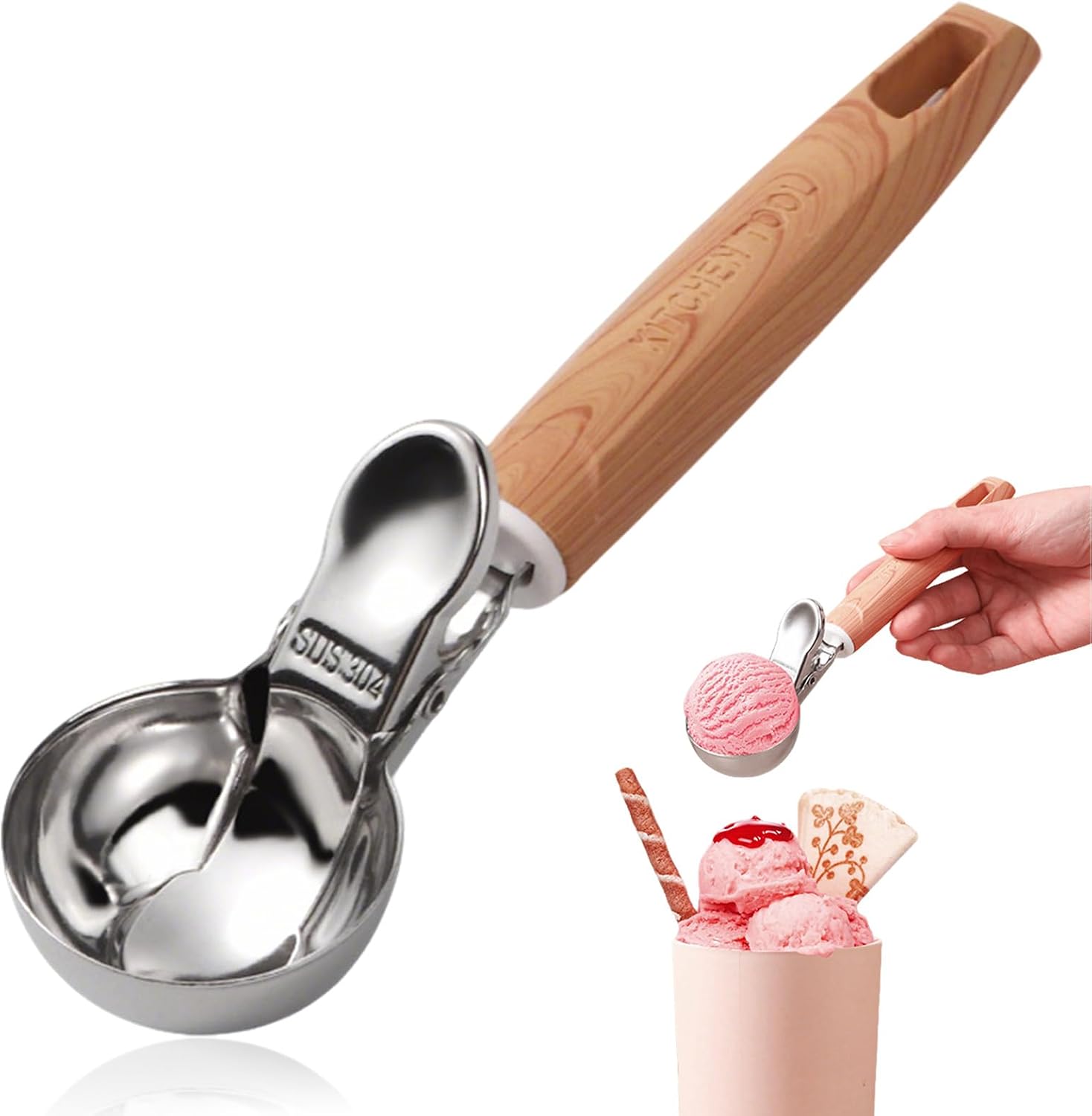 Eisportionierer Edelstahl, Eislöffel Portionierer mit Auslöser, Leichtes Entformen, Holzgriff mit Angenehmer Haptik, Geeignet für die Zubereitung von Eiskugeln, Wassermelonenkugeln